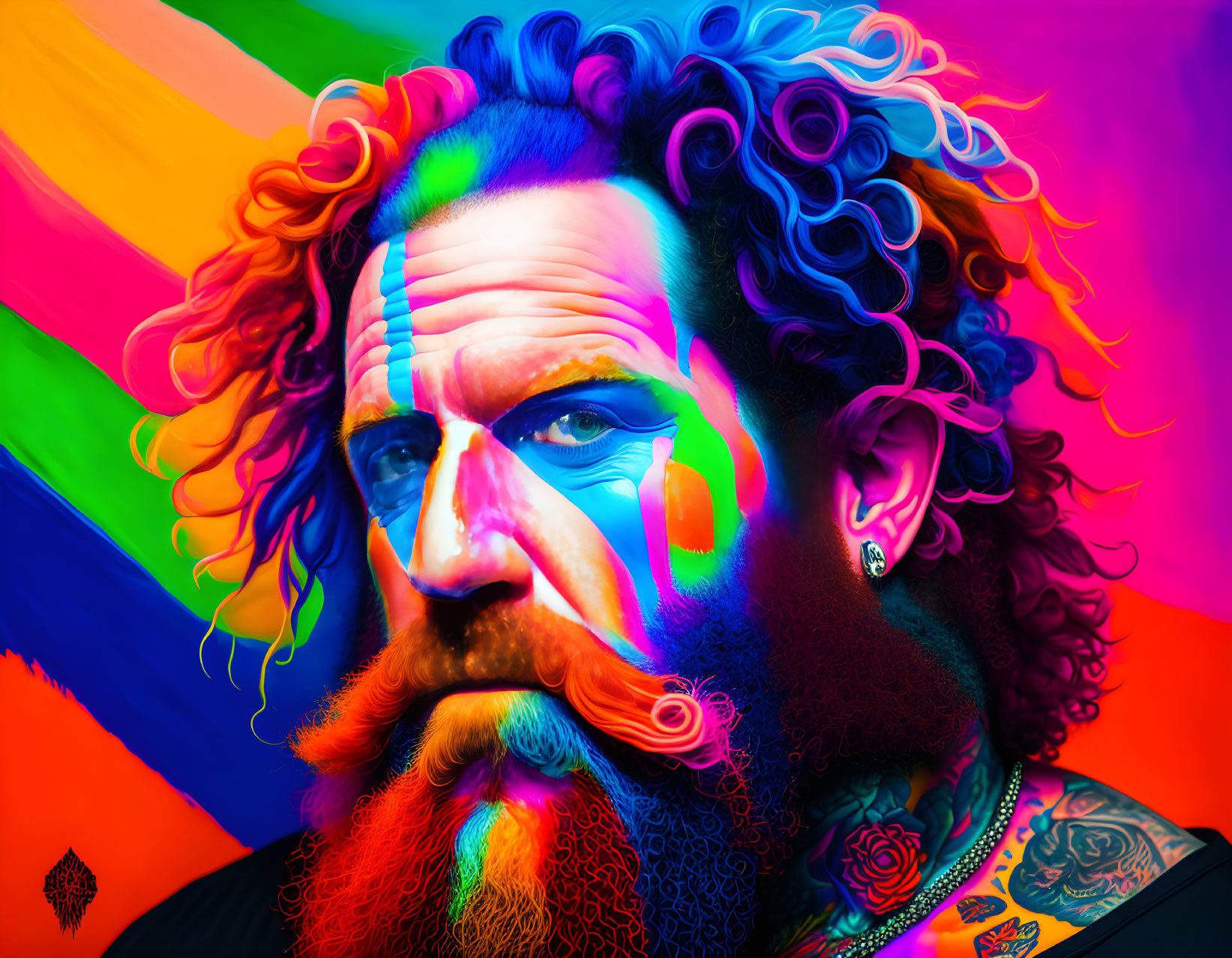 Colorful portrait of bearded man with curly hair on rainbow background