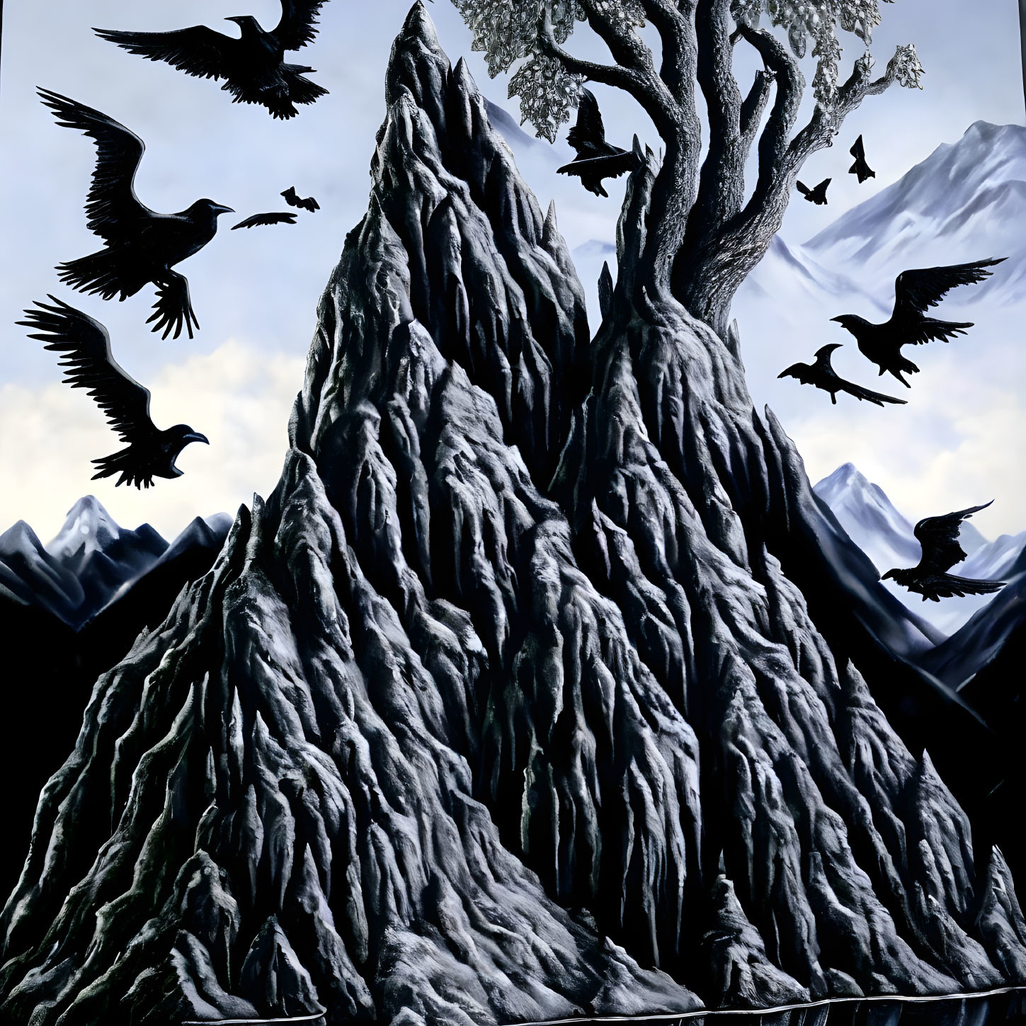 Surreal artwork of tree on craggy mountain with crows, snow-capped peaks,