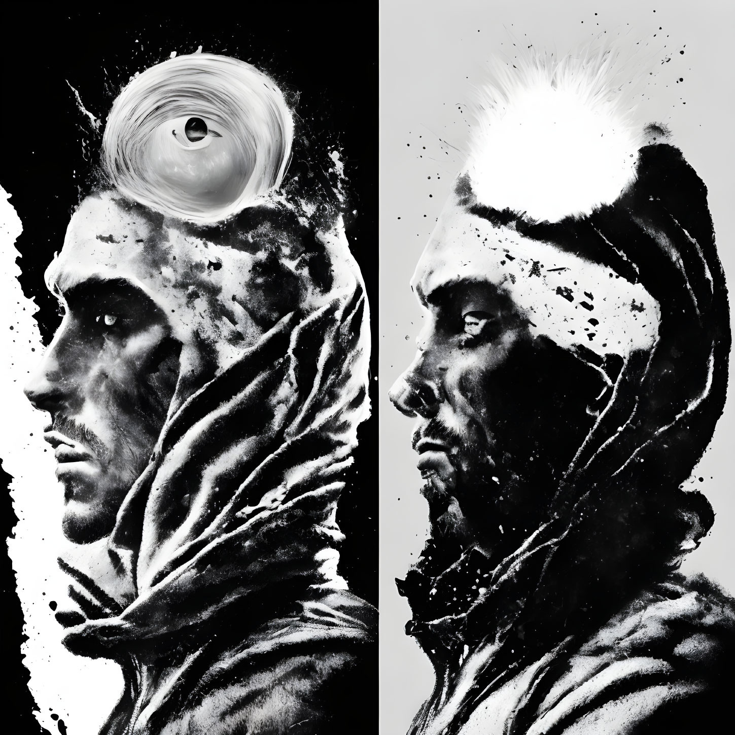 Abstract black and white image featuring hooded men with white smudge elements and vinyl record.