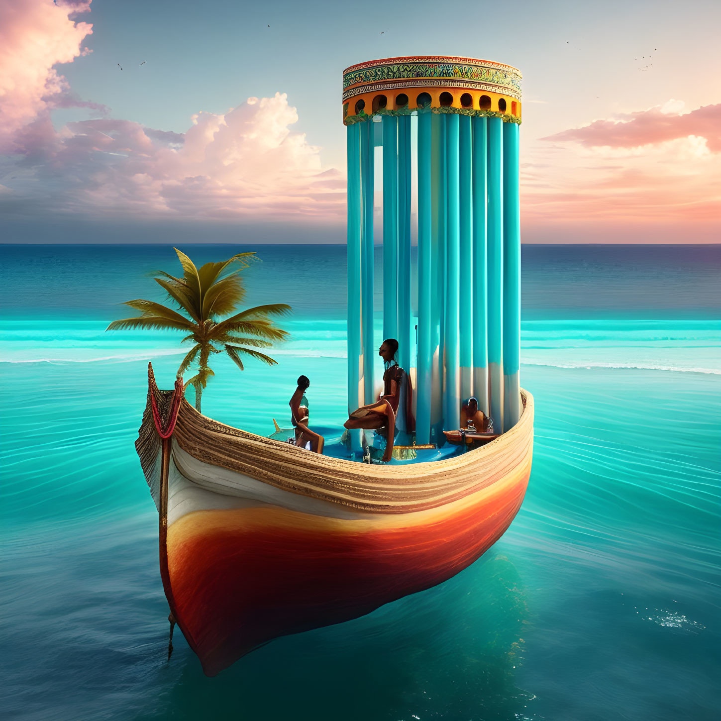 Fantastical boat with ancient column architecture on tranquil sea at sunset