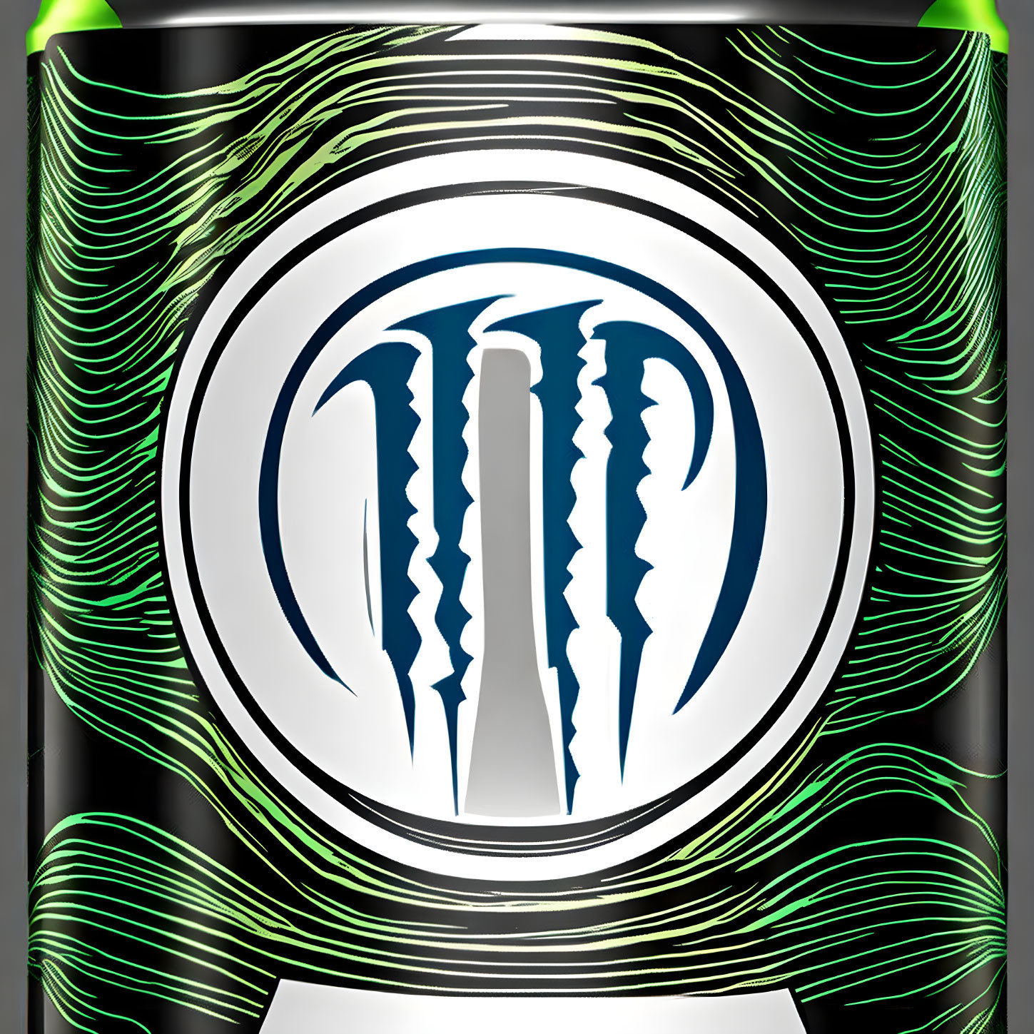 Monochrome can with stylized logo and green dynamic lines