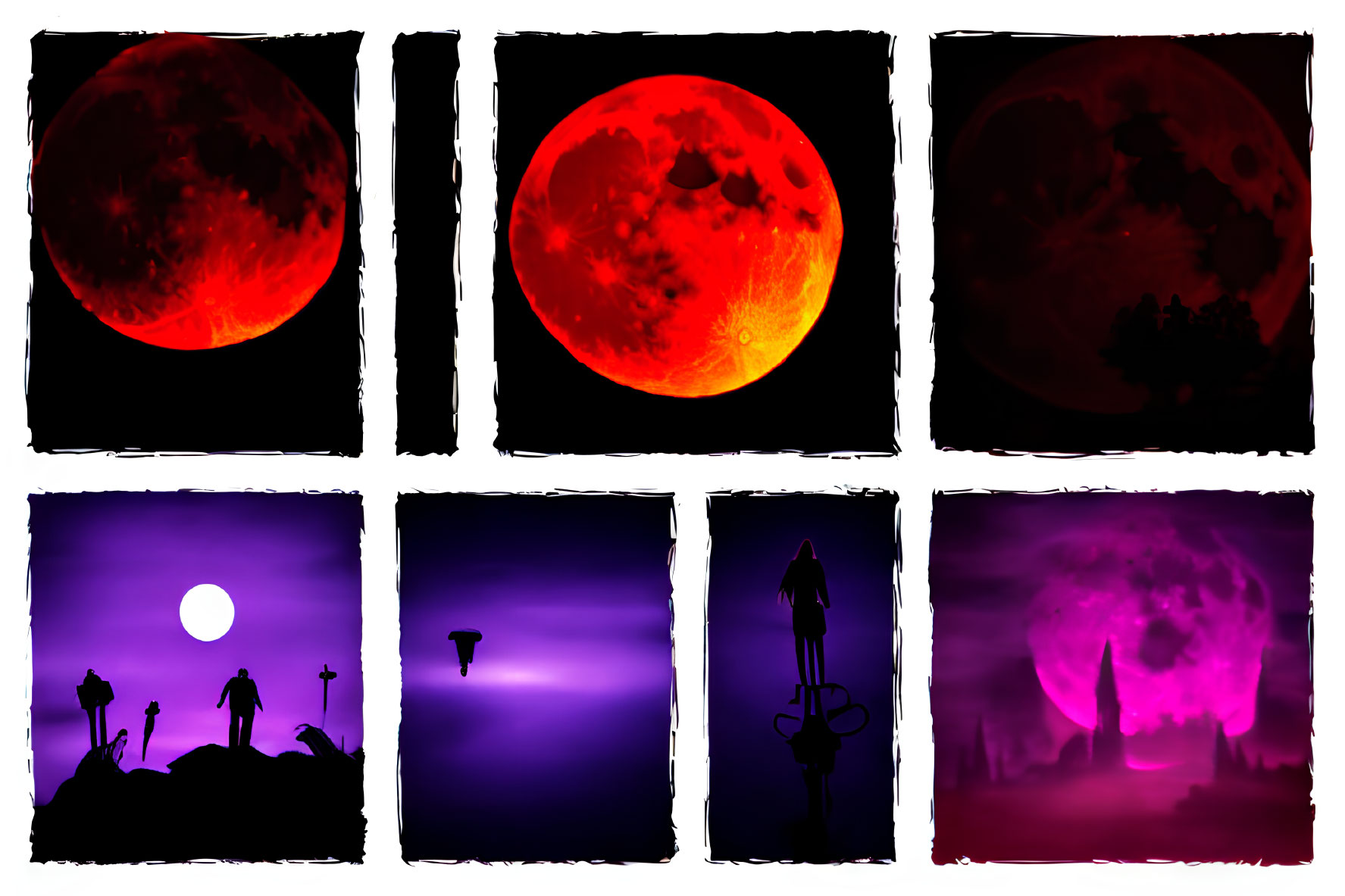 Six Panels of Silhouettes under Red and Purple Skies with Moons