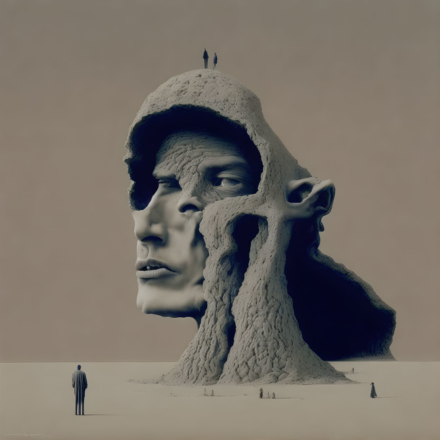 Surreal artwork: Giant sculpted human head in desert with tiny figures