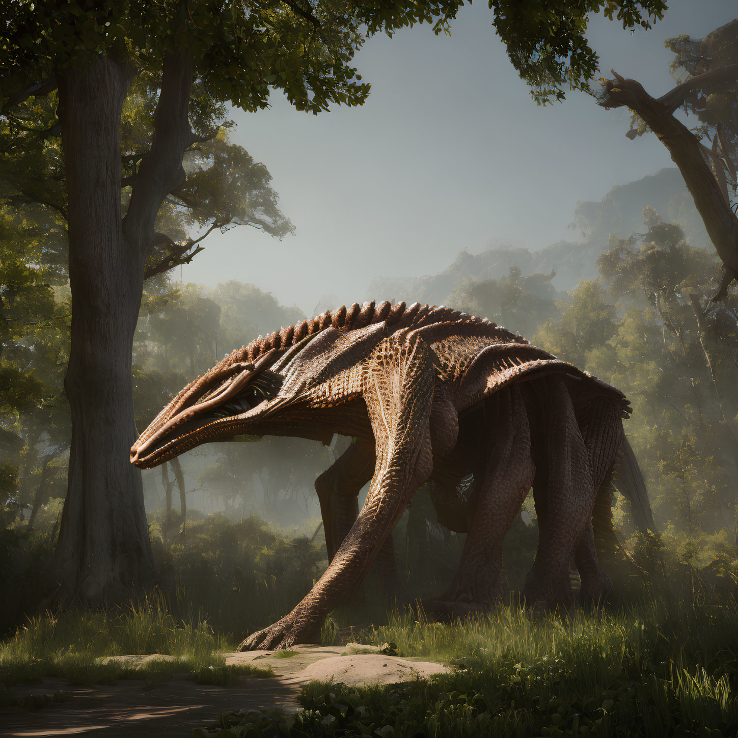 Realistic depiction of large spiny-backed dinosaur in forest clearing