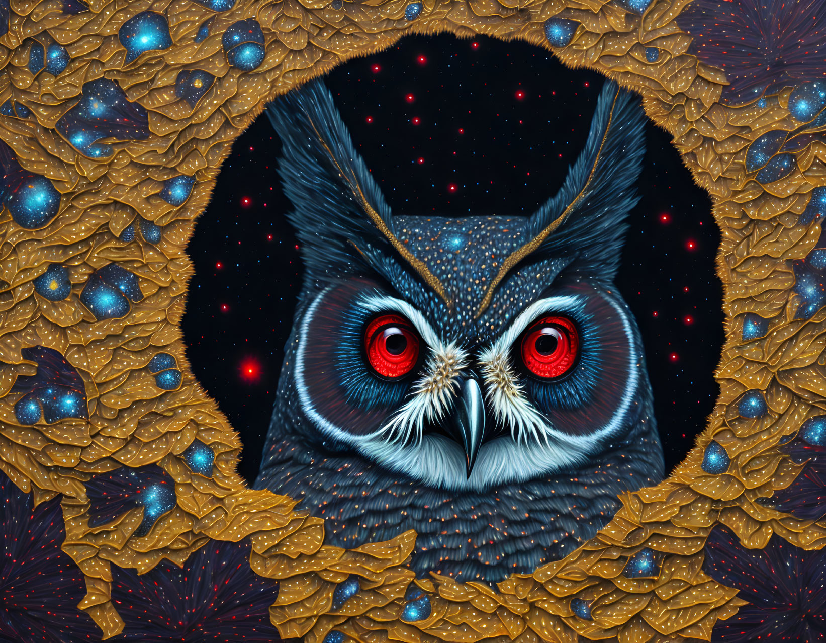 Detailed Owl Illustration with Red Eyes in Cosmic Setting