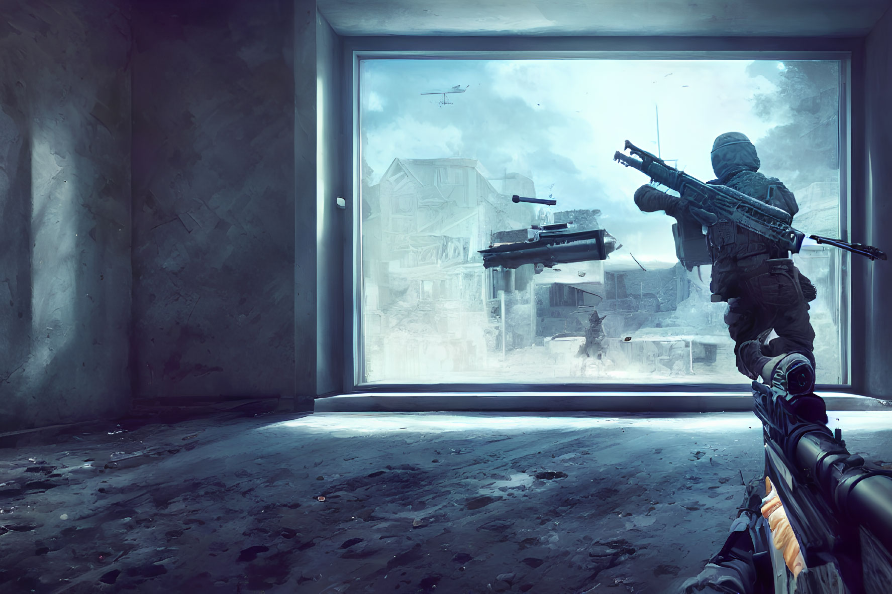 Soldier with Rifle Observing Urban Warzone from Window