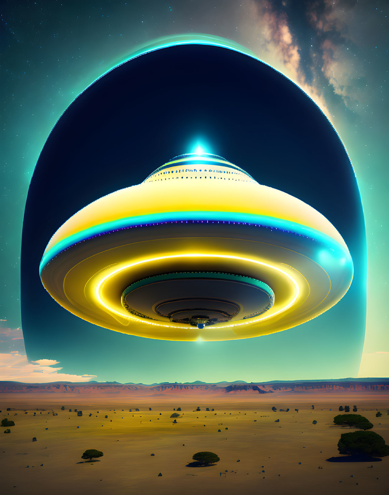 Colorful UFO in Twilight Desert Landscape