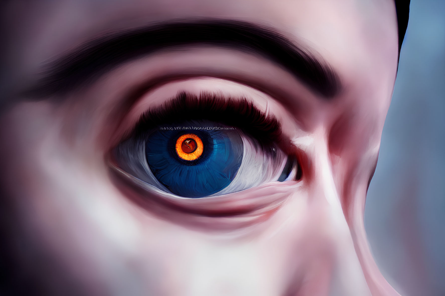 Detailed Close-Up Digital Artwork of Human Eye with Blue Iris and Orange Highlights