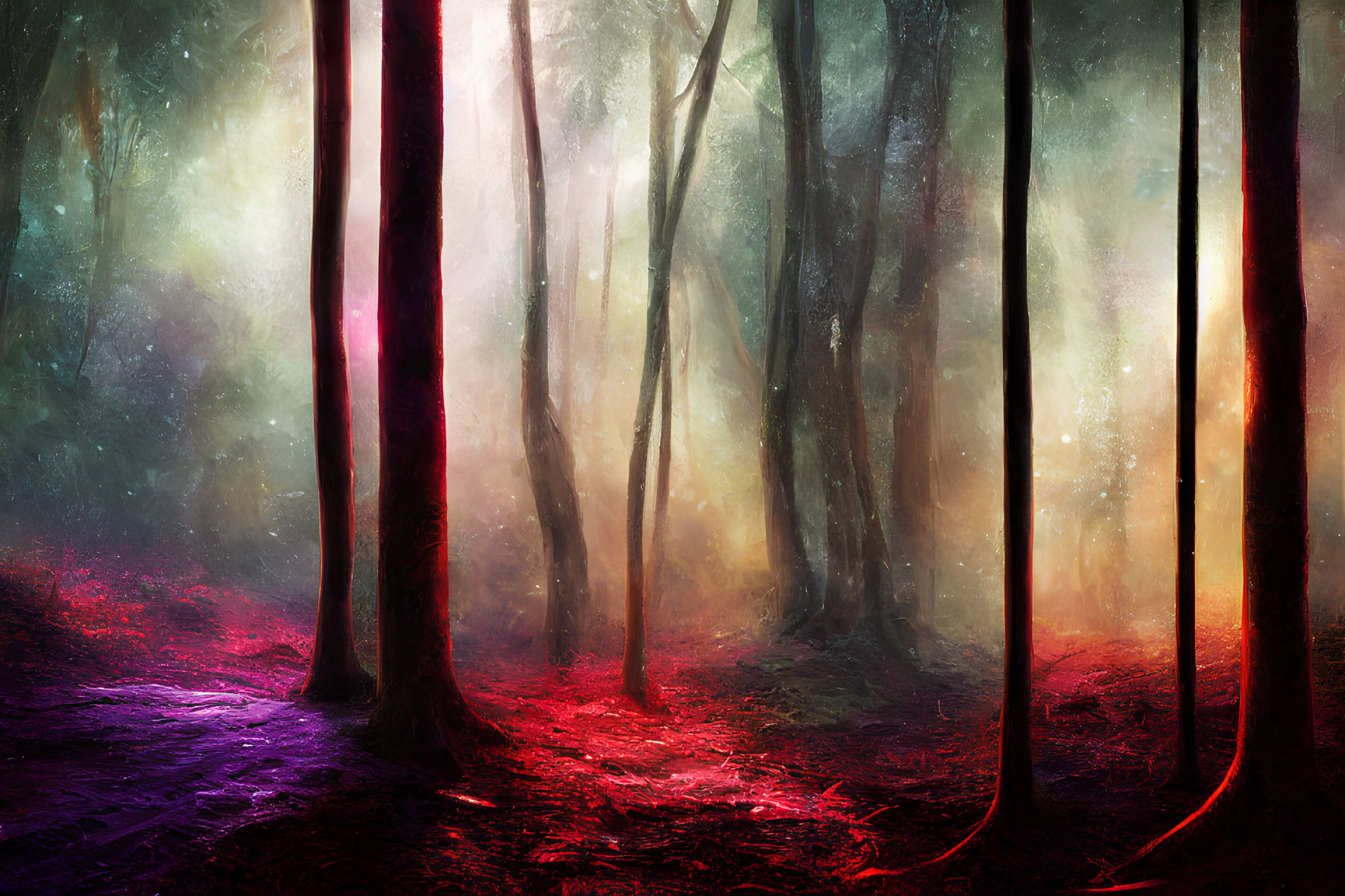 Vibrant enchanted forest scene with colorful light filtering through mist