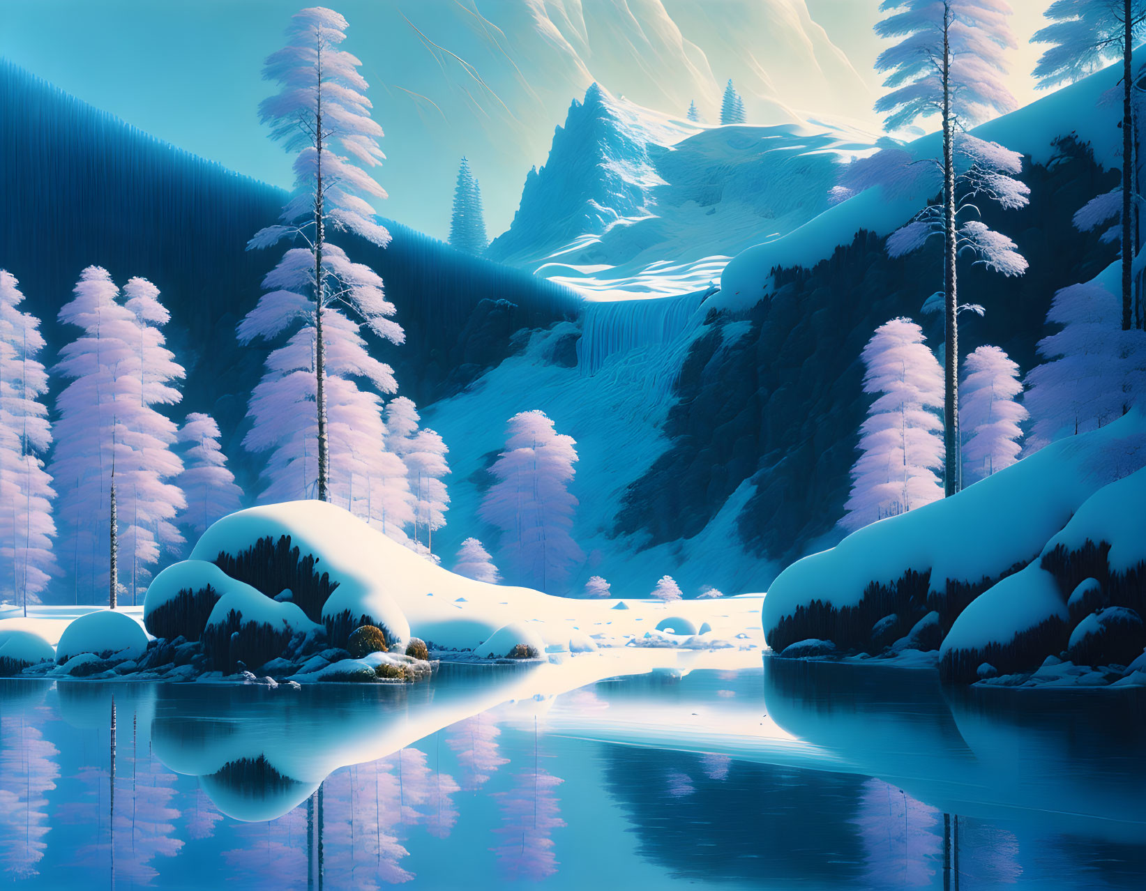 Snow-covered trees, mountains, and a blue lake in serene winter scene