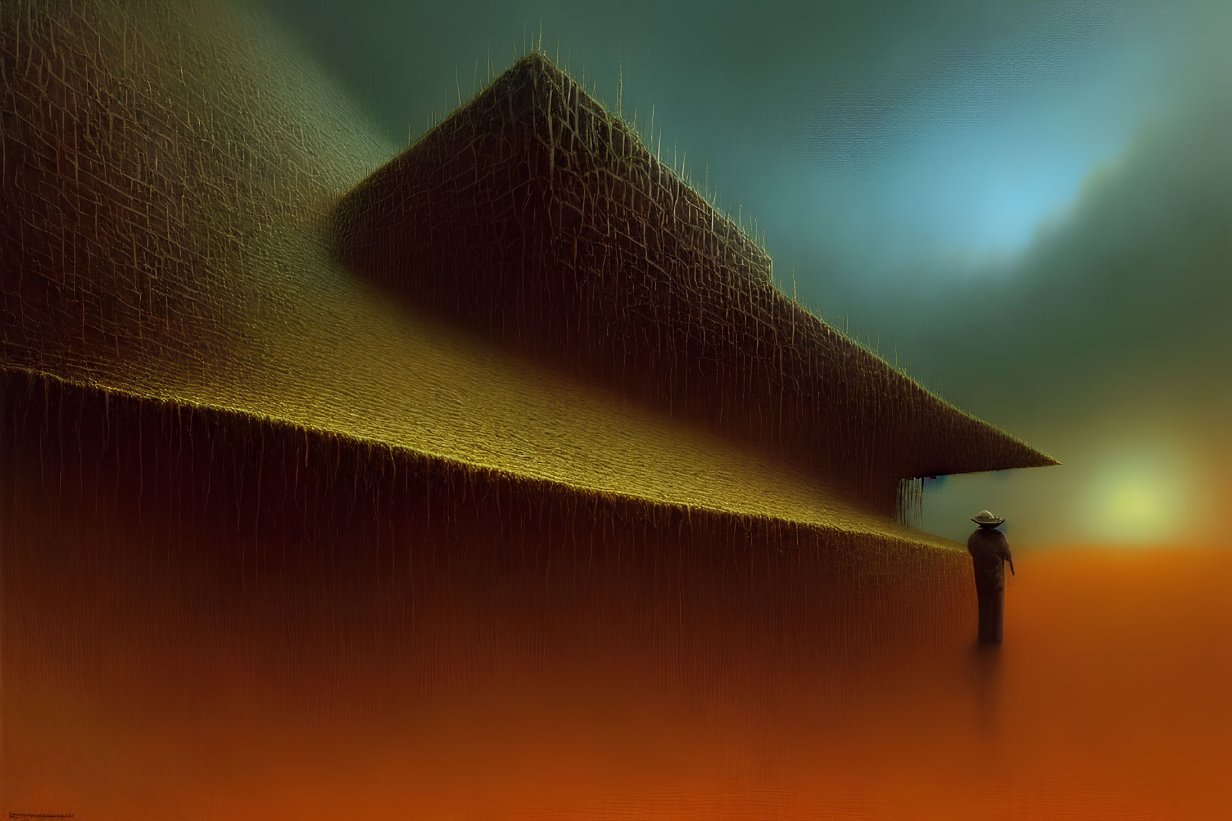 Figure in hat stands before textured pyramid in misty backdrop