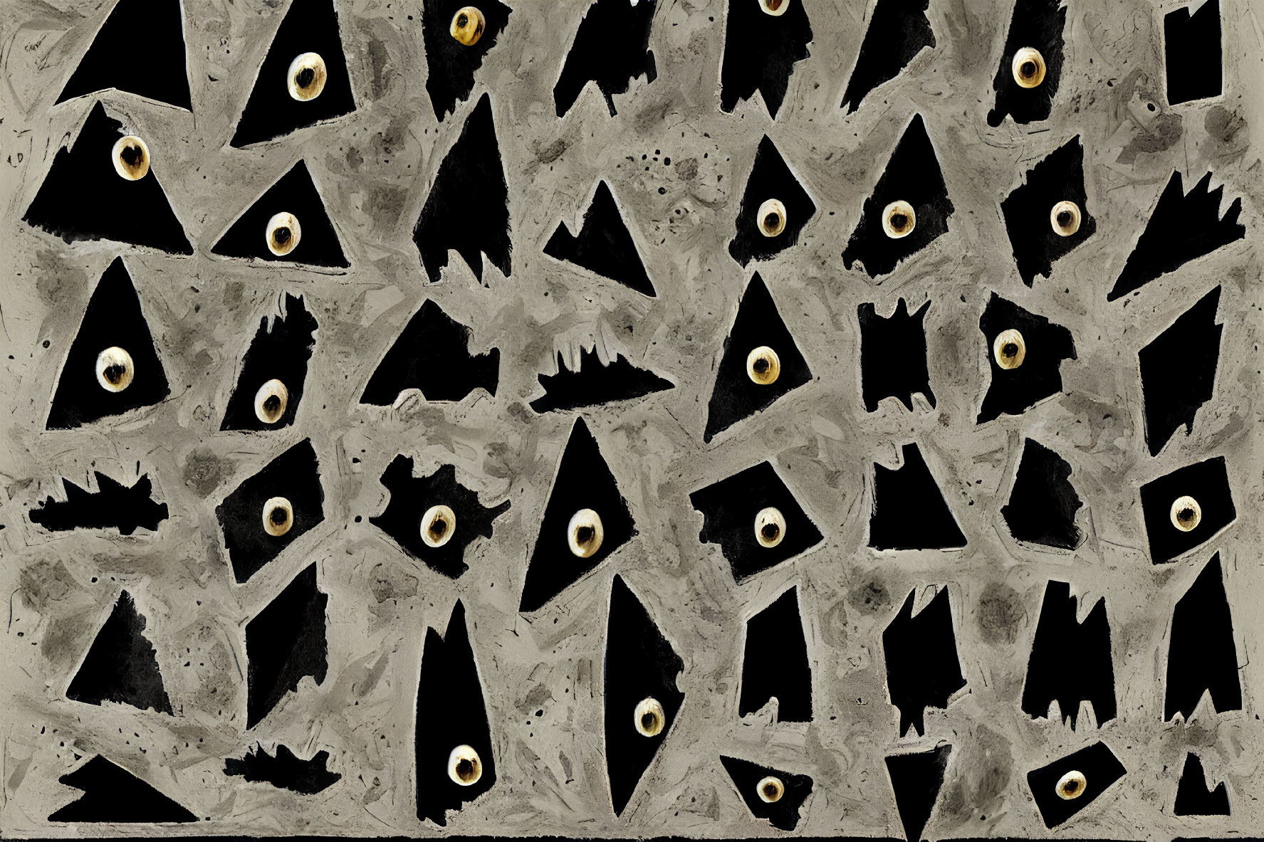 Abstract Black Shapes with Stylized Eyes on Grey Background