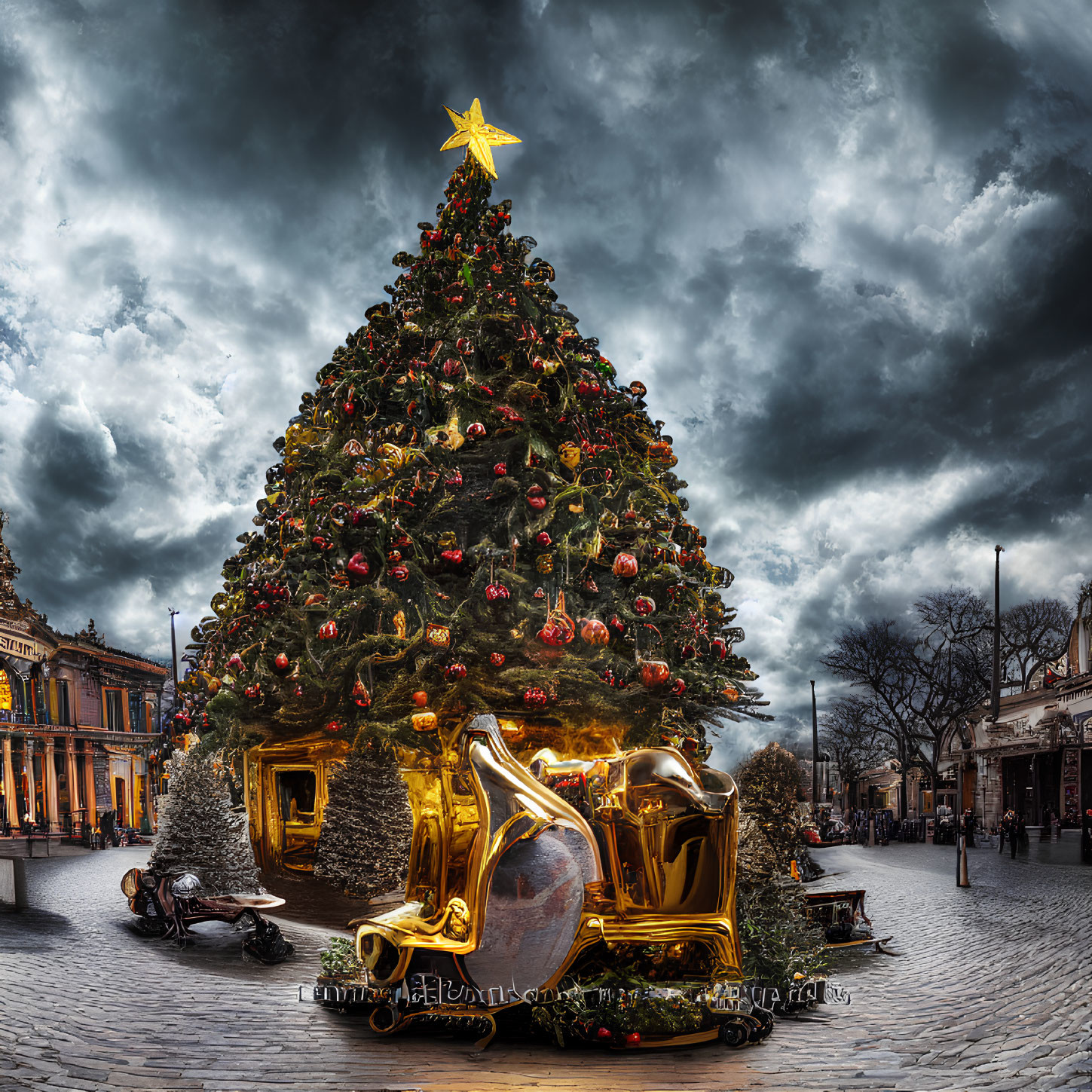 Ornate Christmas tree with golden star, oversized ornaments, and presents under dramatic sky