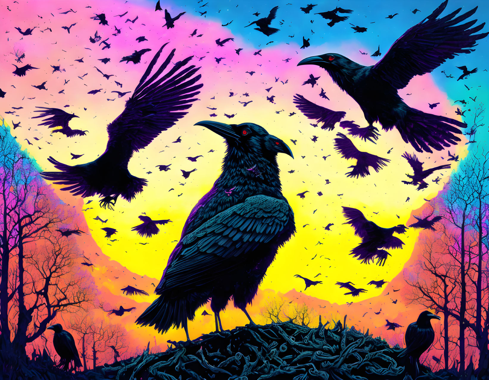 Colorful sunset sky with crows around nest and trees