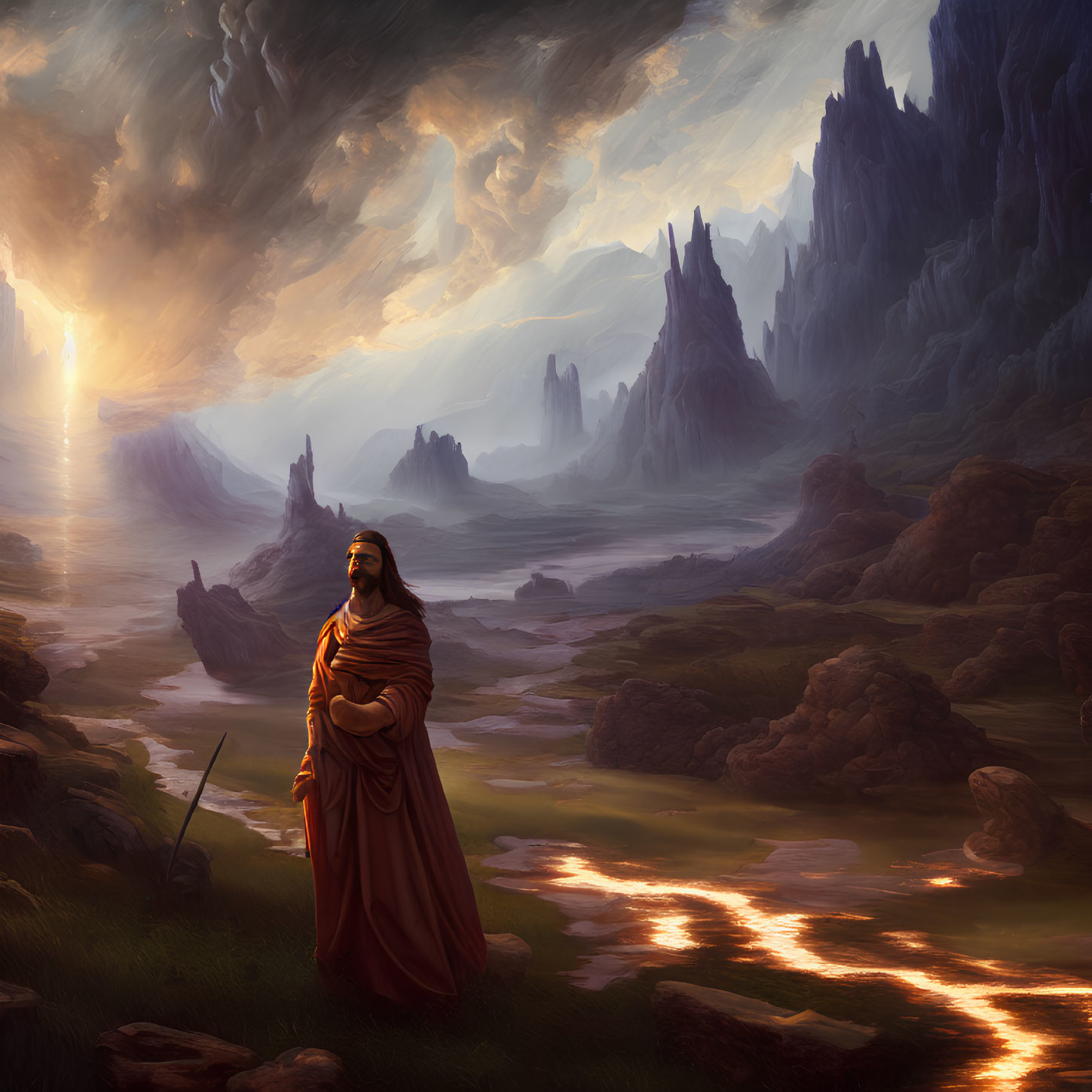 Fantastical landscape with robed figure, rock formations, molten river