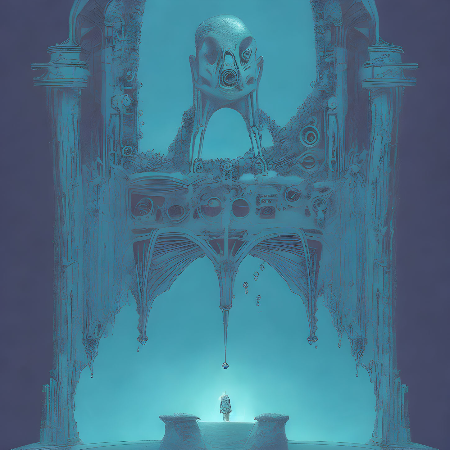 Surreal scene: lone figure with colossal alien head in cathedral-like setting