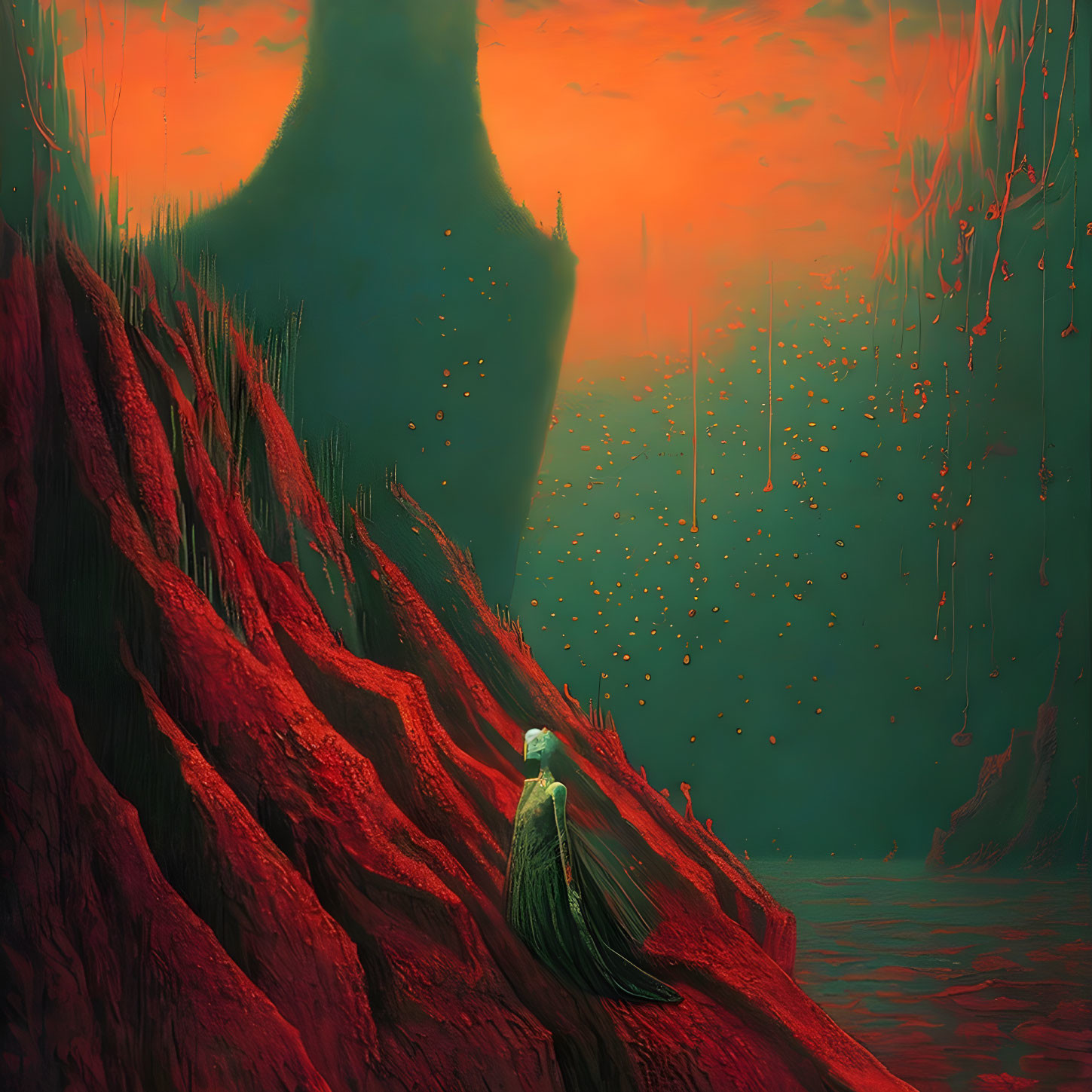 Person in green cloak on red cliff overlooking surreal landscape with red sea, floating orbs, and fiery sky