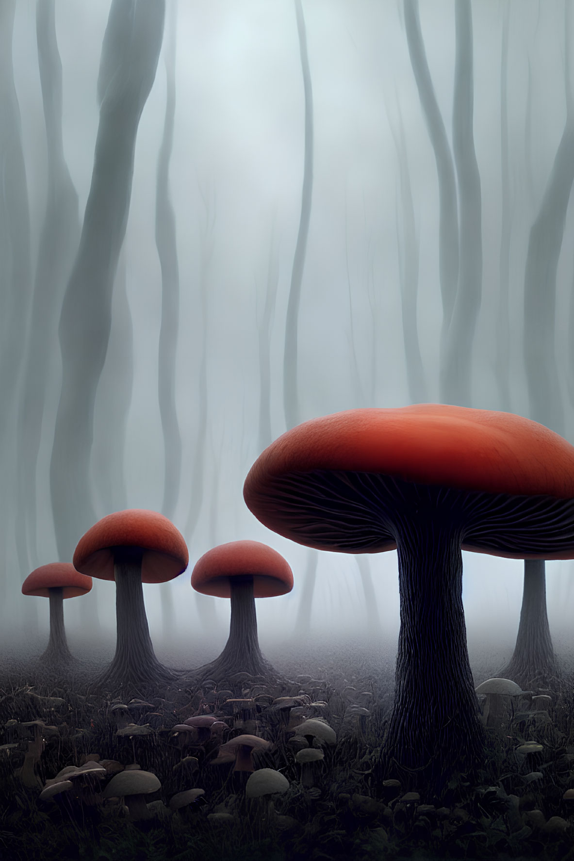 Mystical forest scene with red-capped mushrooms and misty trees