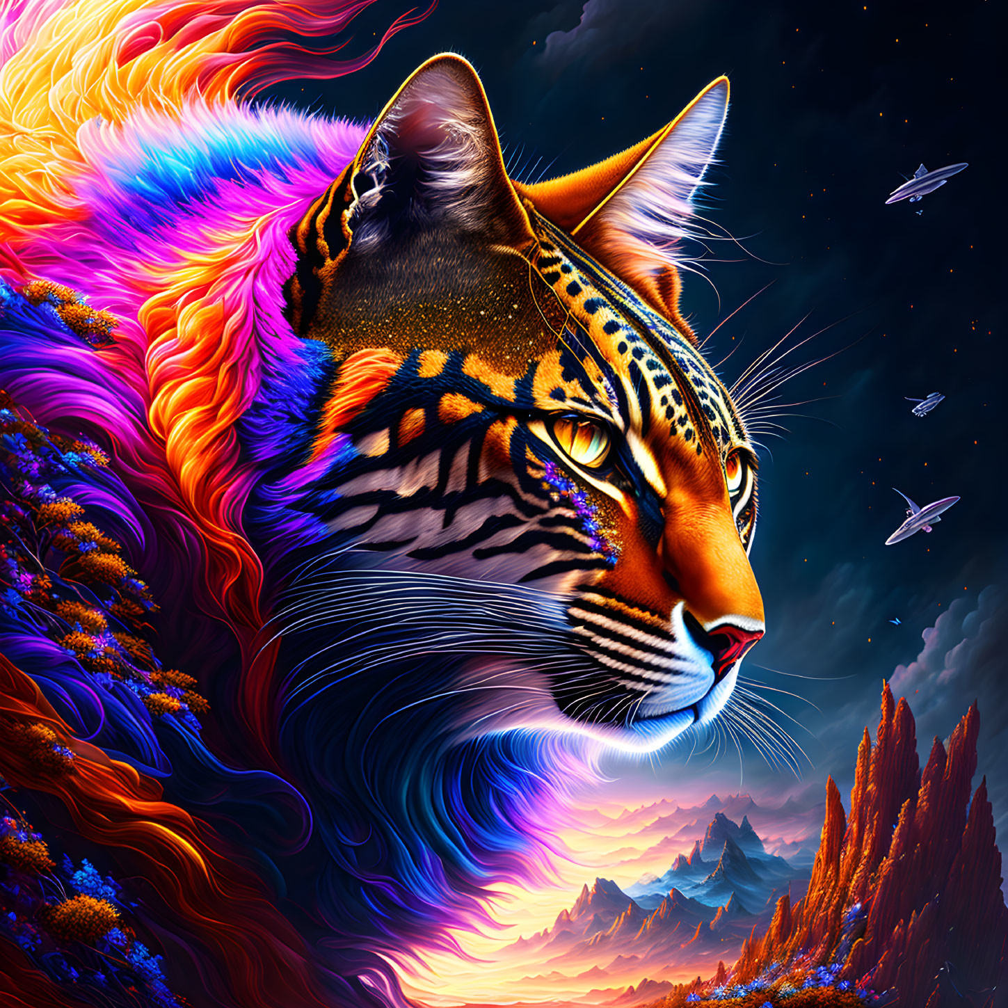 Colorful artwork: Majestic rainbow-hued cat in cosmic landscape with flying whales