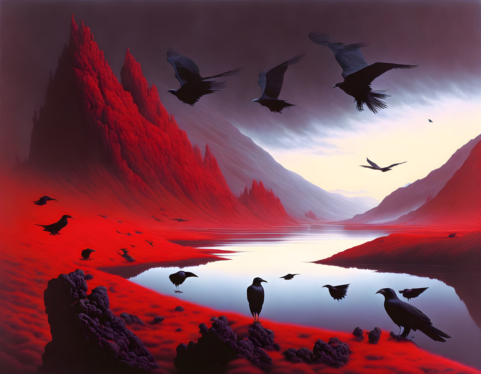 Surreal red landscape with birds, lake, cliffs, and hazy sky