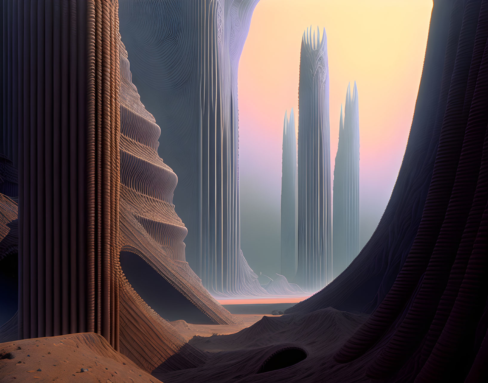 Surreal desert landscape with towering rock formations under gradient sky