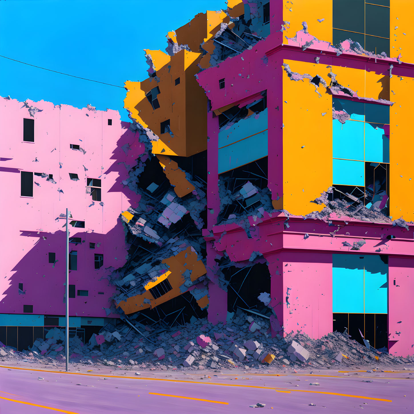 Vivid pink and yellow building collapse scene depicted.