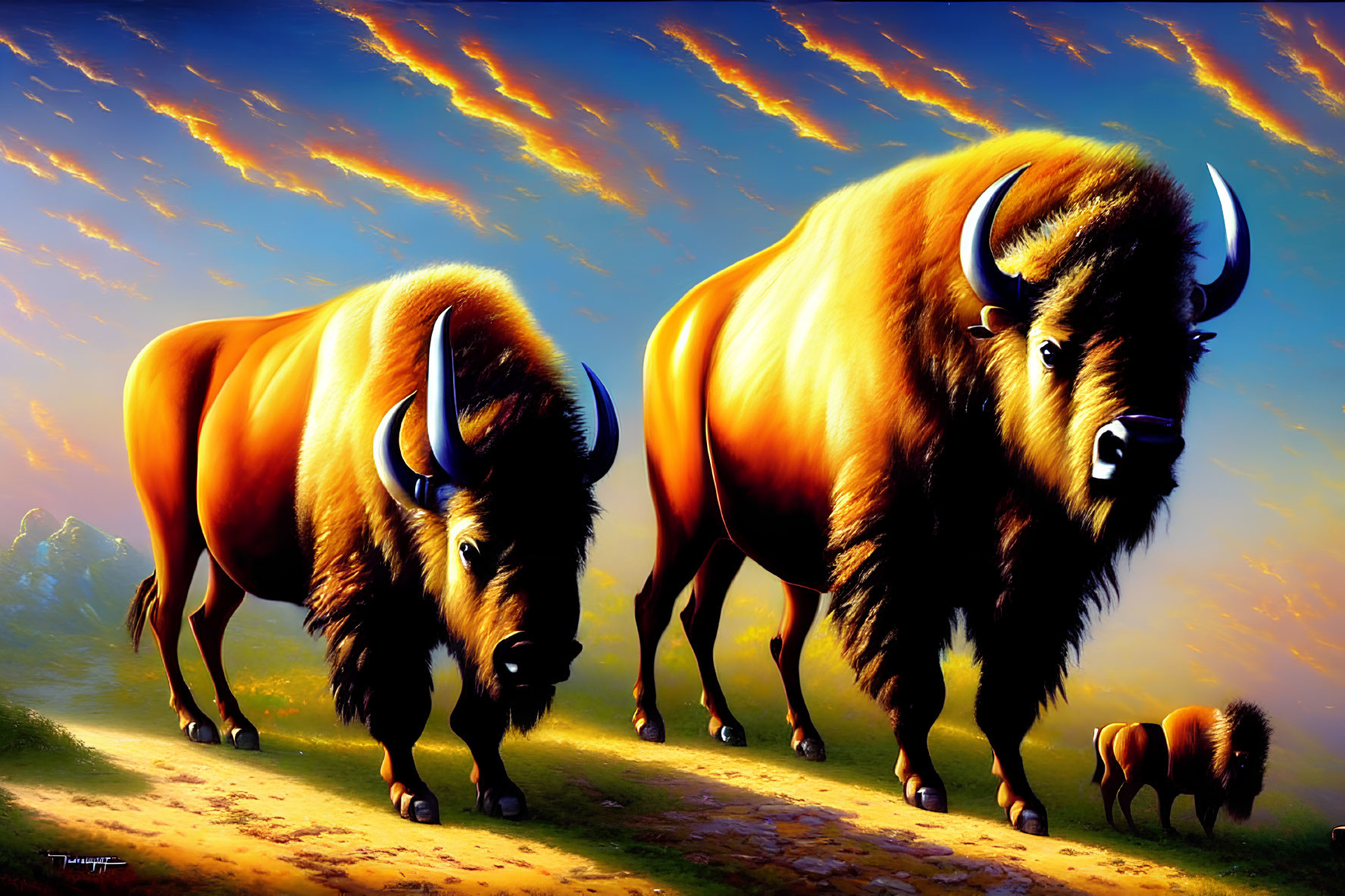 Colorful Illustration: Three Bison Walking under Fiery Sky