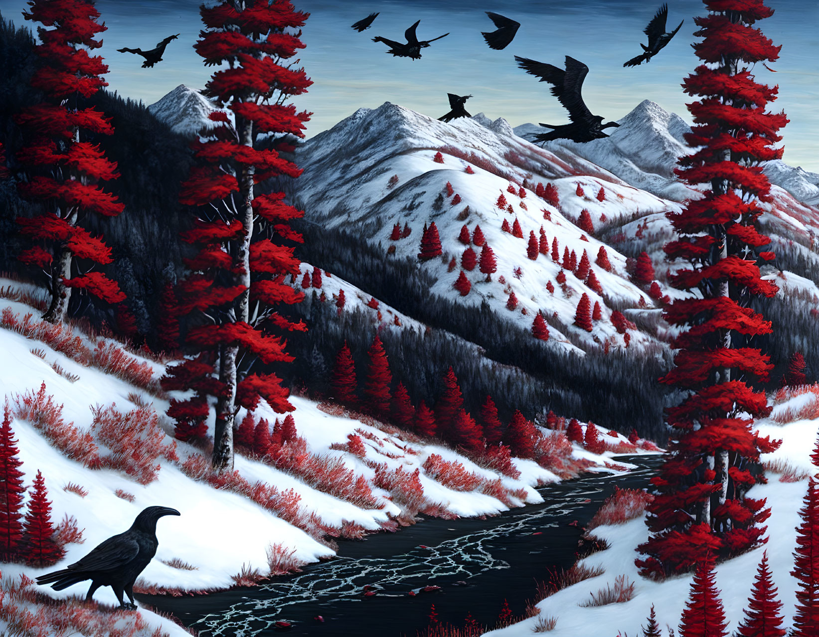 Snowy Mountain Landscape with Red Foliage and Crows by Winding Stream