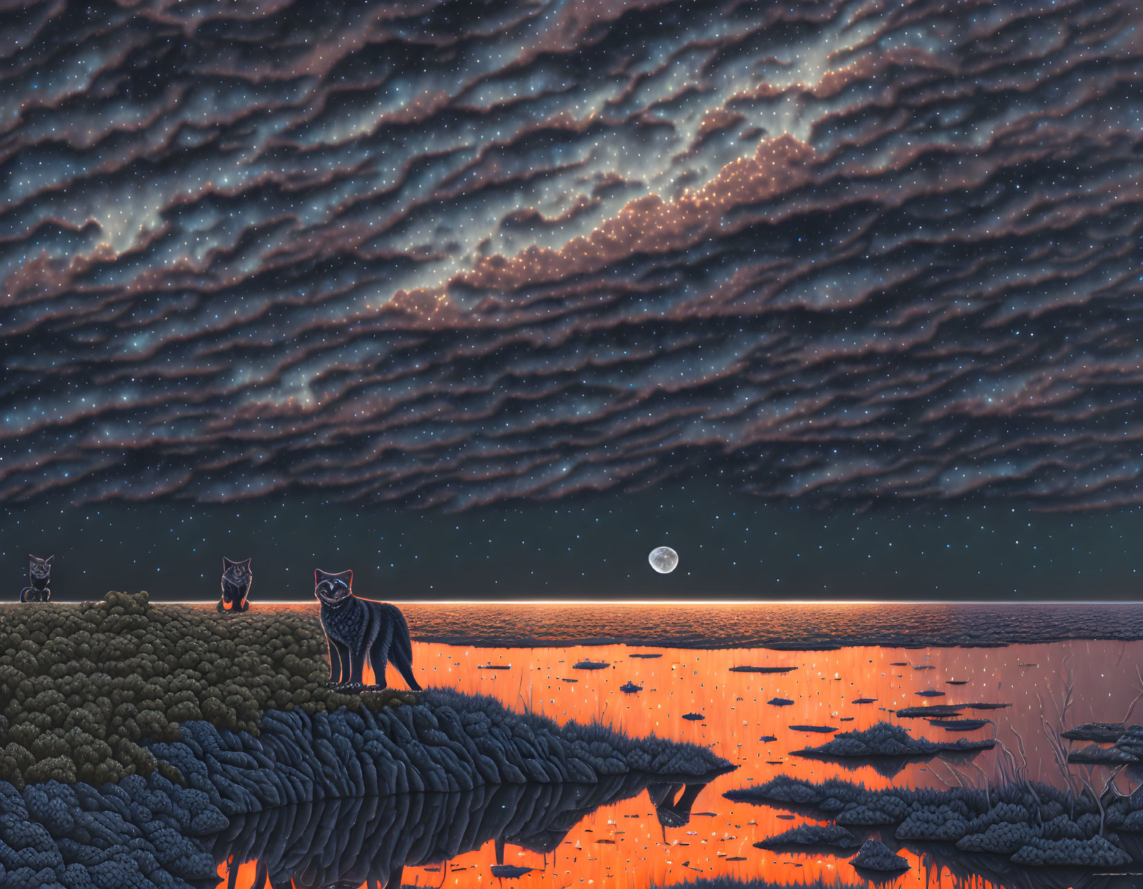 Patterned Clouds and Glowing-Eyed Cats in Surreal Moonlit Landscape