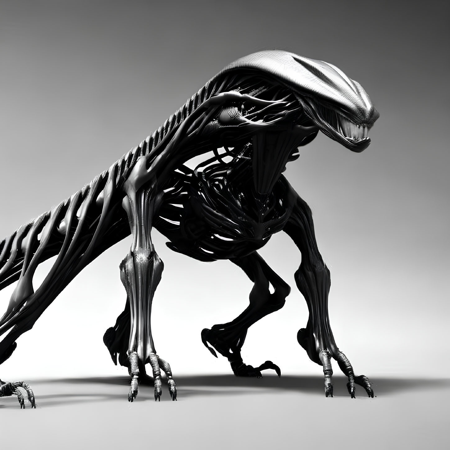 Detailed 3D rendering of biomechanical creature with skeletal structure and muscular detail.