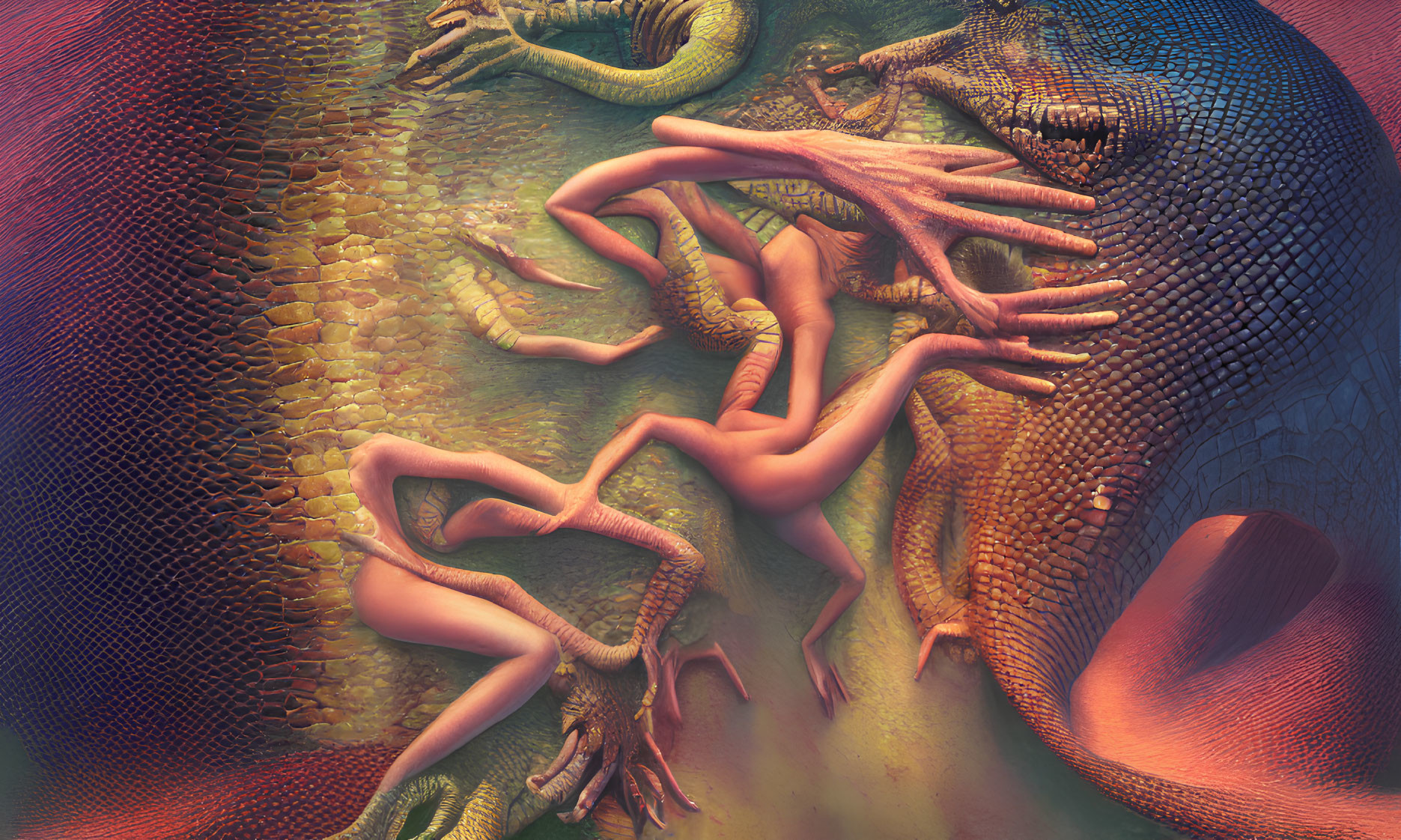 Vibrant surreal artwork: Human limbs entwined with reptilian textures