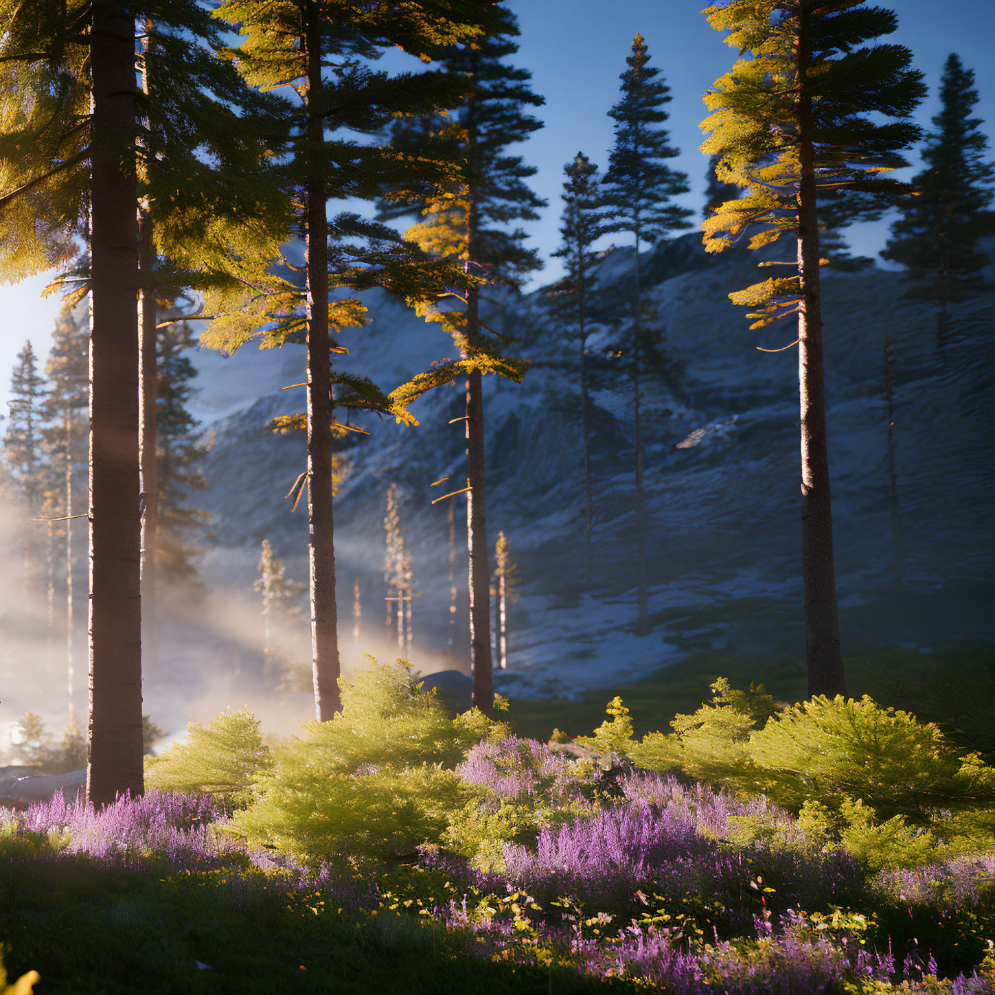 Sunlit Pine Forest with Purple Wildflowers and Misty Mountain Scene