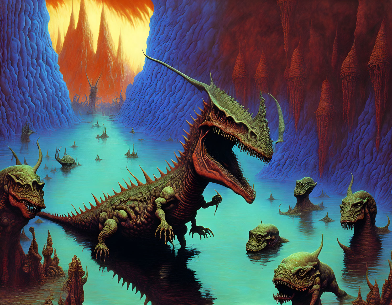 Prehistoric scene with multiple dinosaurs by a lake and volcanic landscape