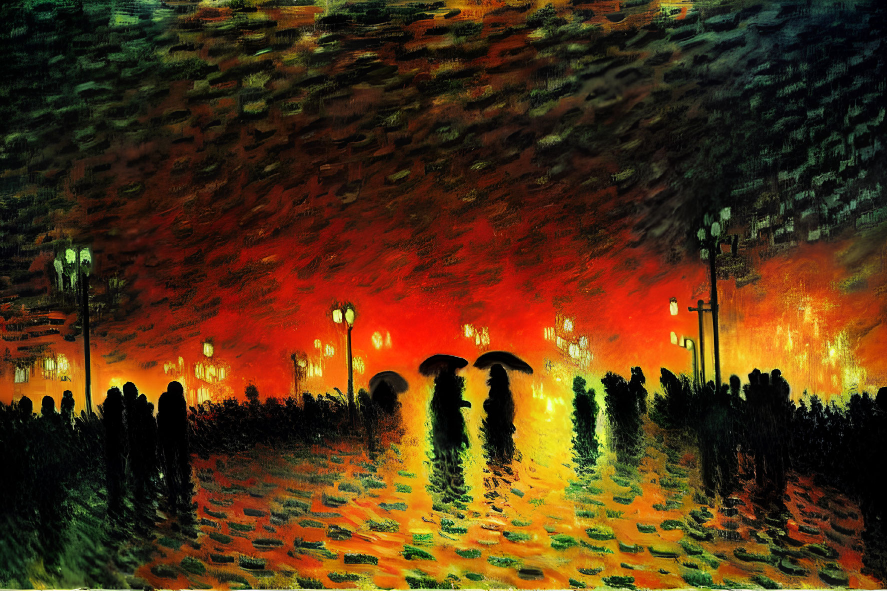 Vibrant Impressionist Painting of Evening Scene with Silhouetted Figures