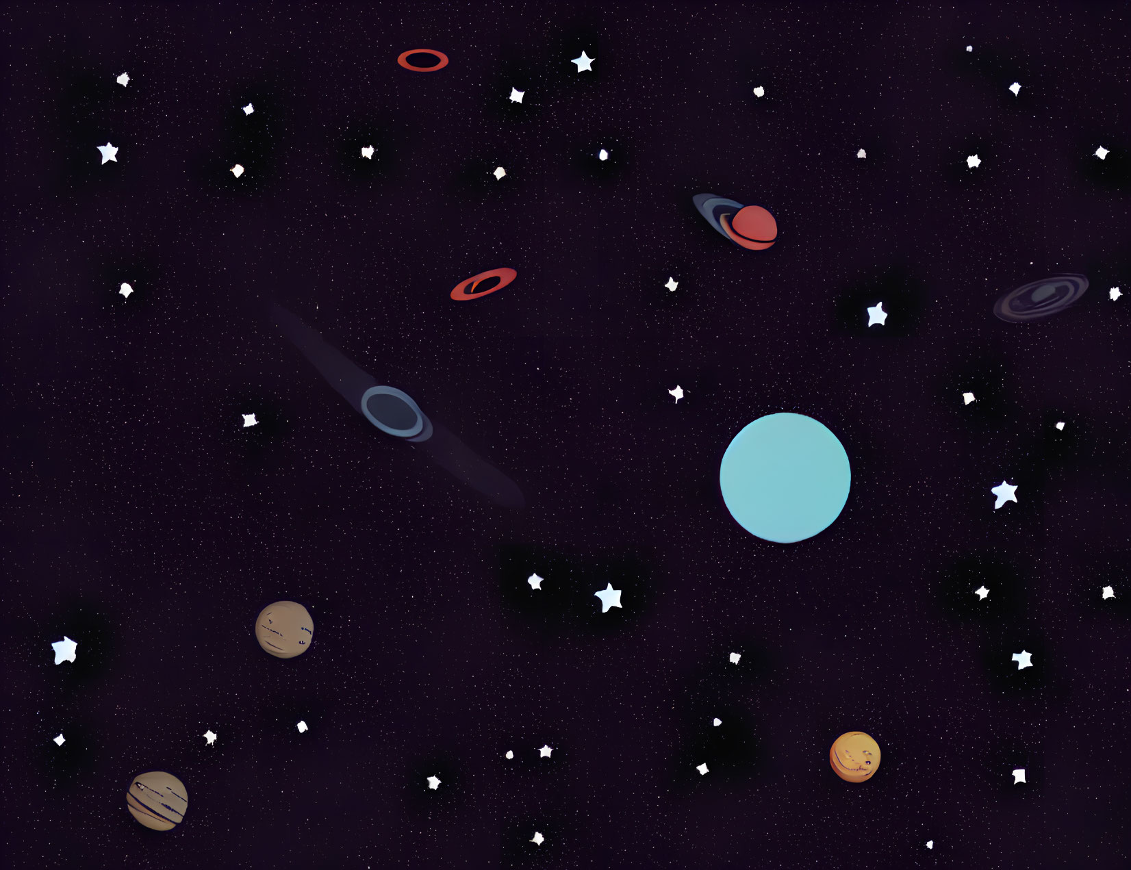 Stylized outer space illustration with planets, stars, galaxies