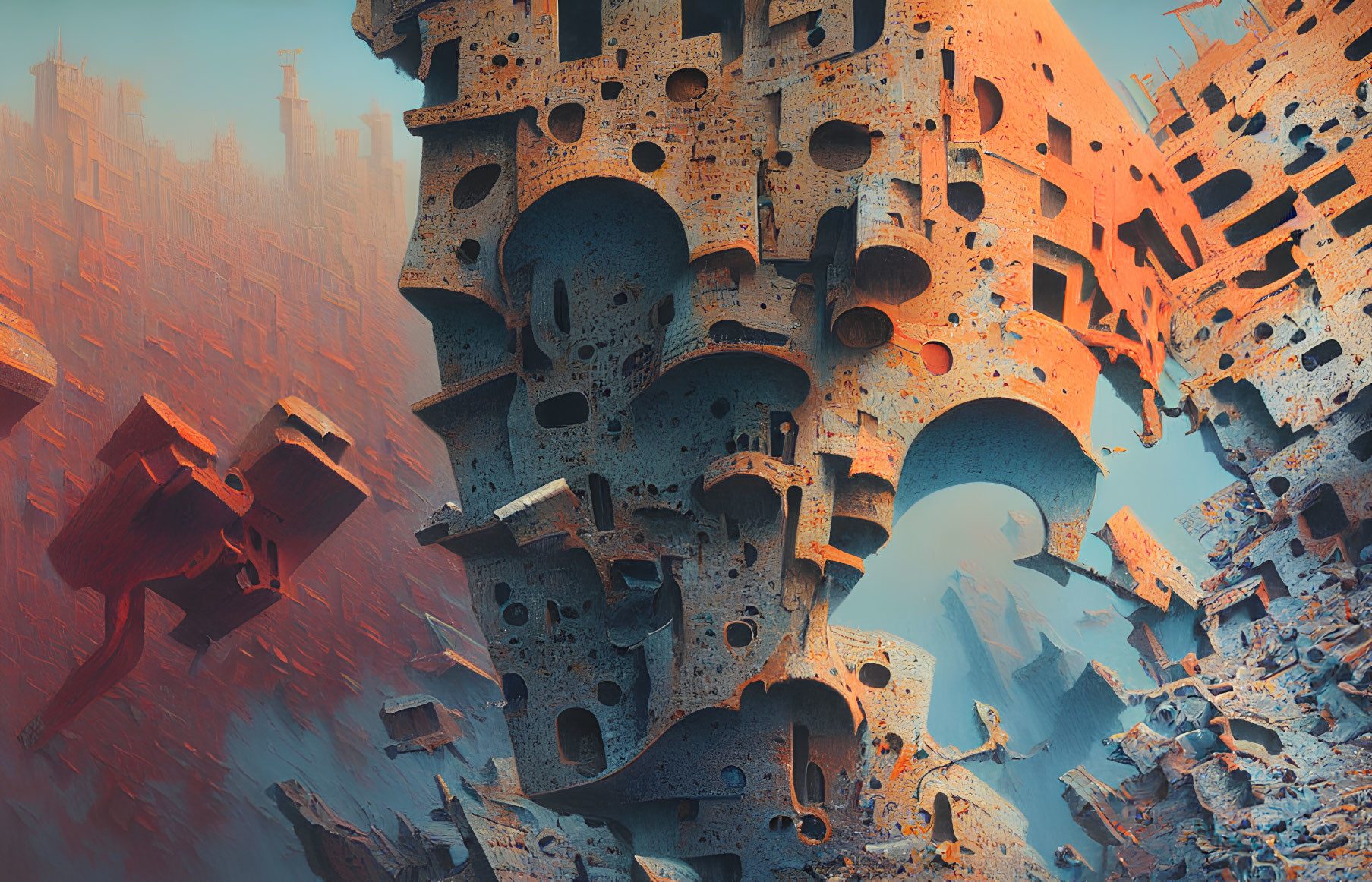 Surreal futuristic landscape with floating honeycomb structures