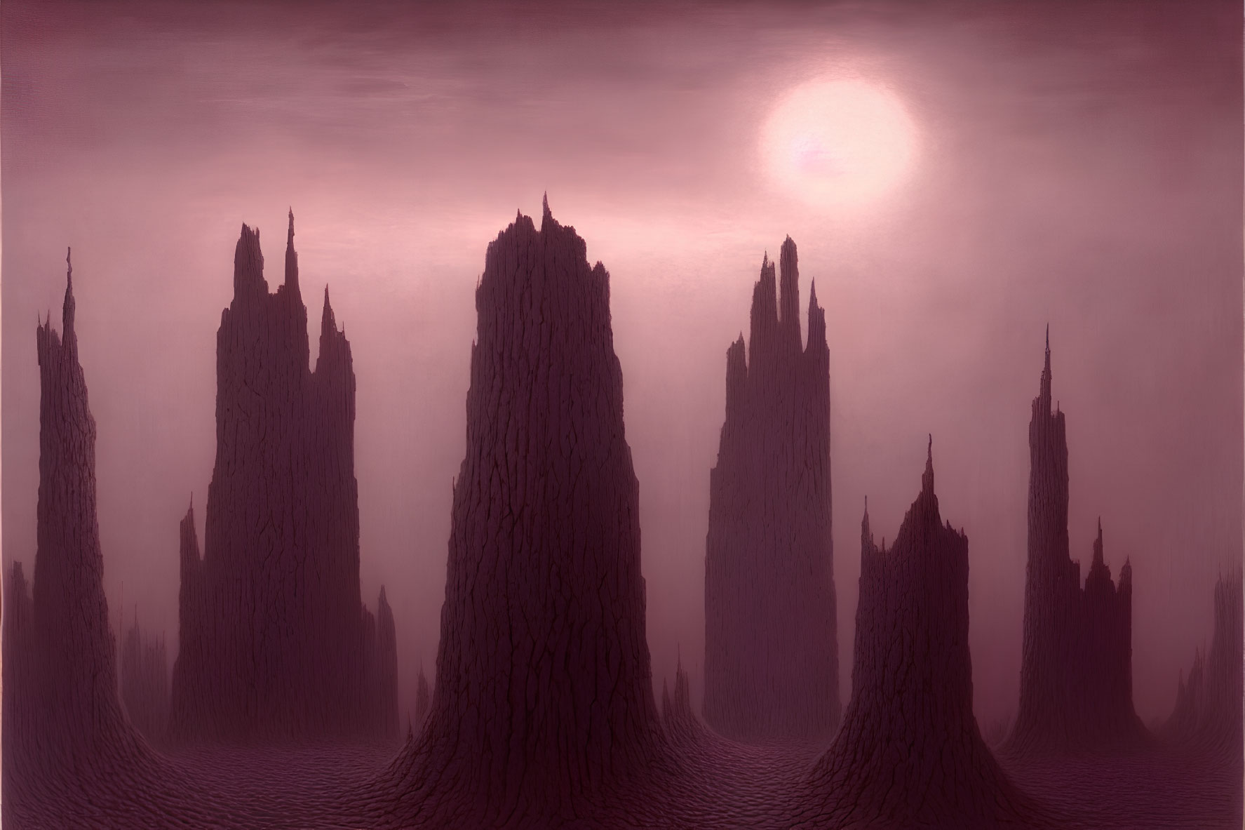 Mystical landscape with tall spire-like rock formations under pinkish sky