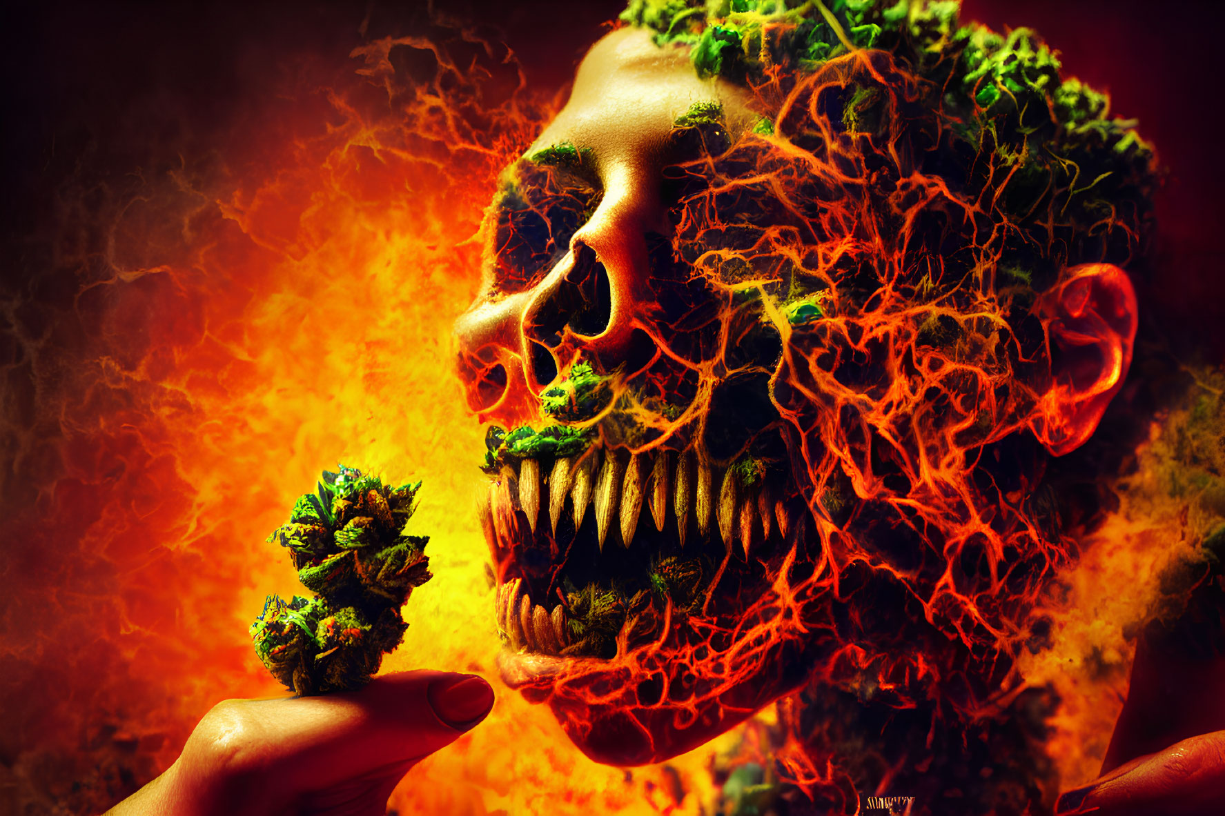 Fiery skull with green moss-like textures and hand holding green substance on intense orange-red backdrop