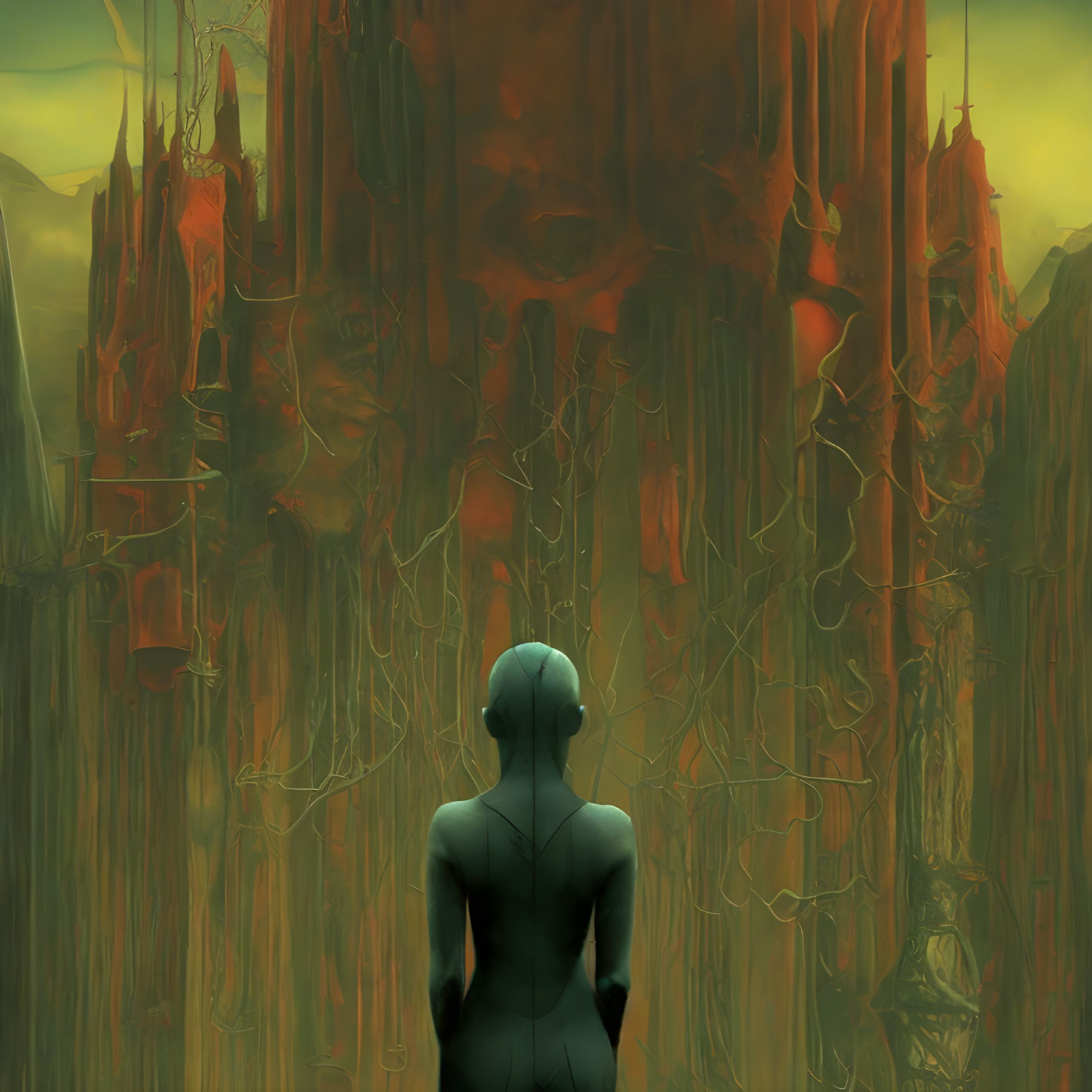 Humanoid Figure in Eerie Landscape with Red and Brown Stalagmite-like Structures