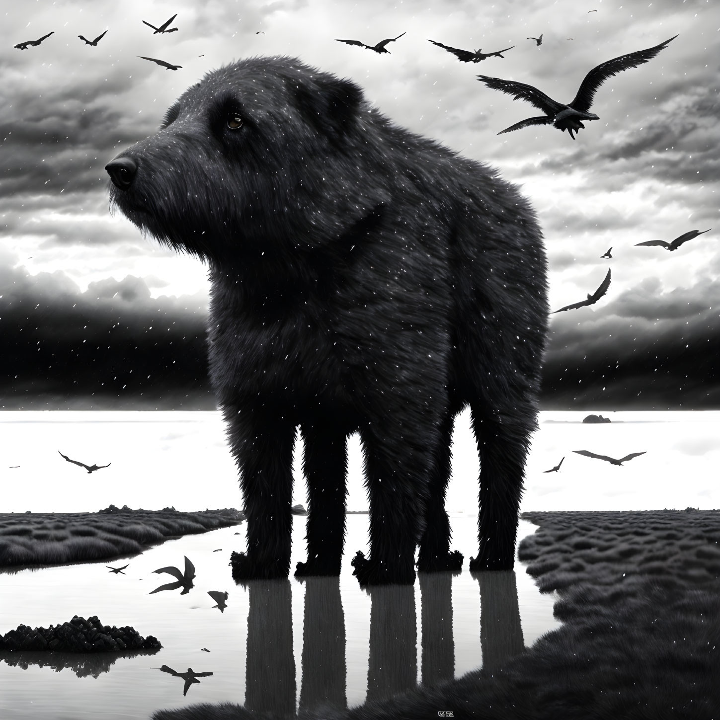 Monochrome image of large shaggy dog by reflective water with flying birds