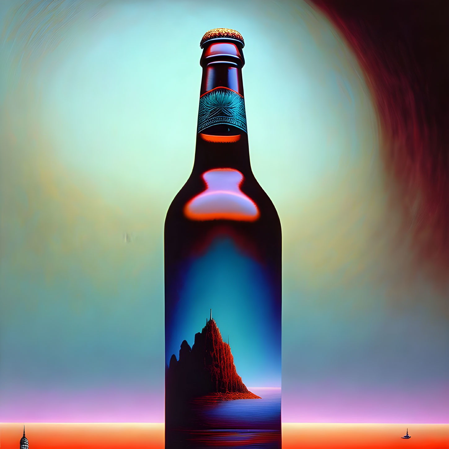 Surreal beer bottle silhouette with ocean landscape on rocky island under twilight sky