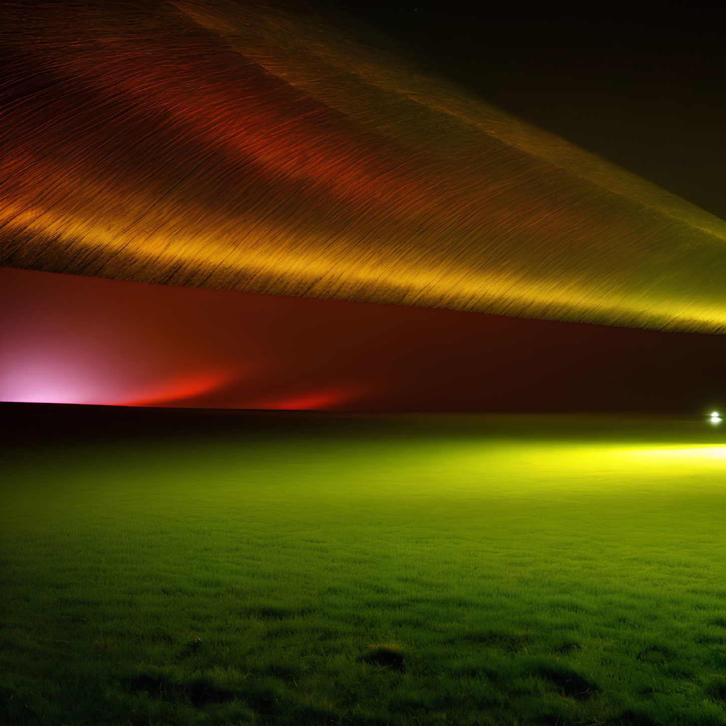 Vibrant night scene with green field under dramatic red and yellow lights