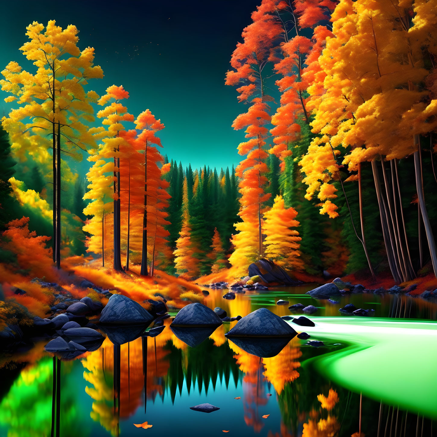 Autumn forest with fiery trees reflected in calm lake under teal night sky