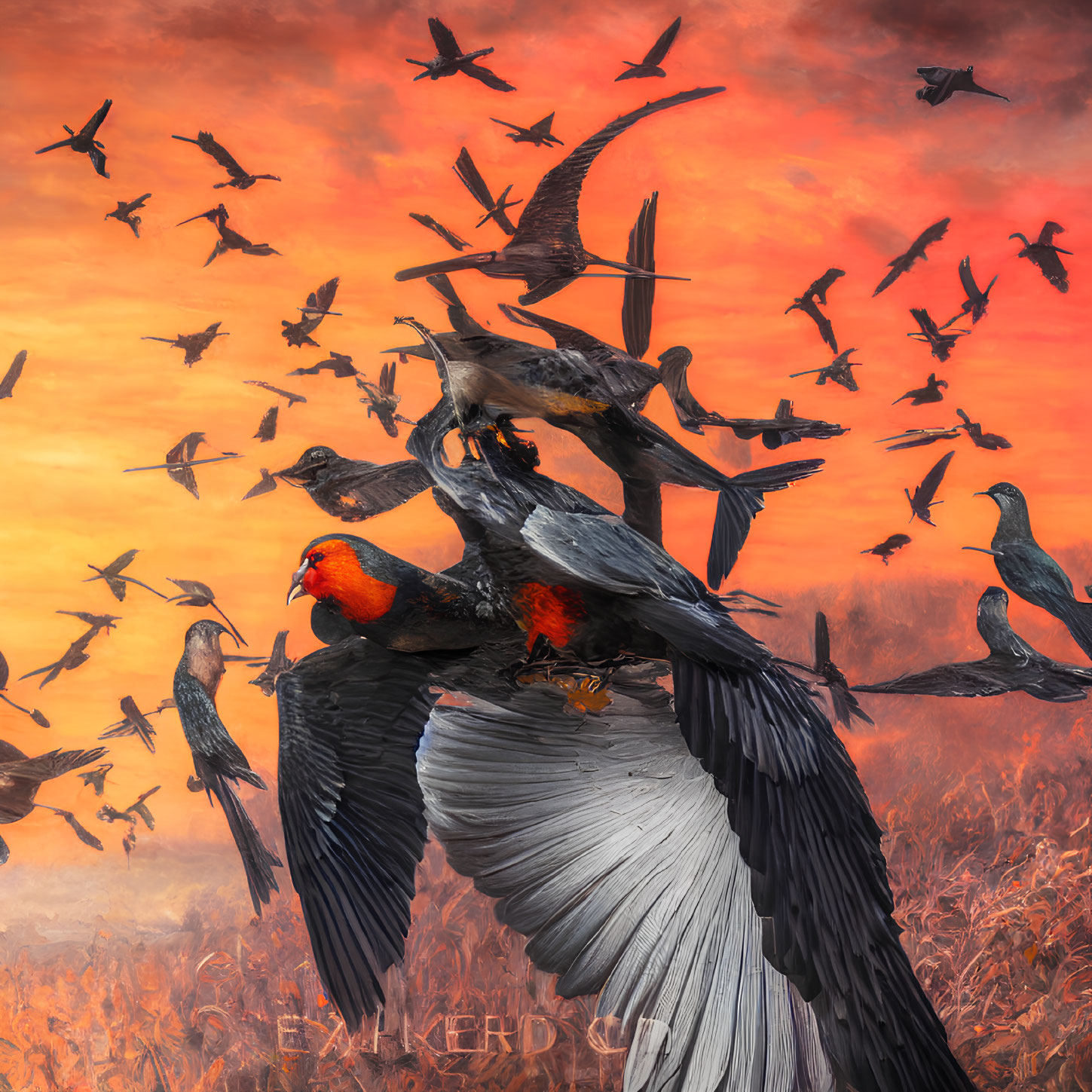 Colorful bird scene with soaring and perched birds in fiery sky