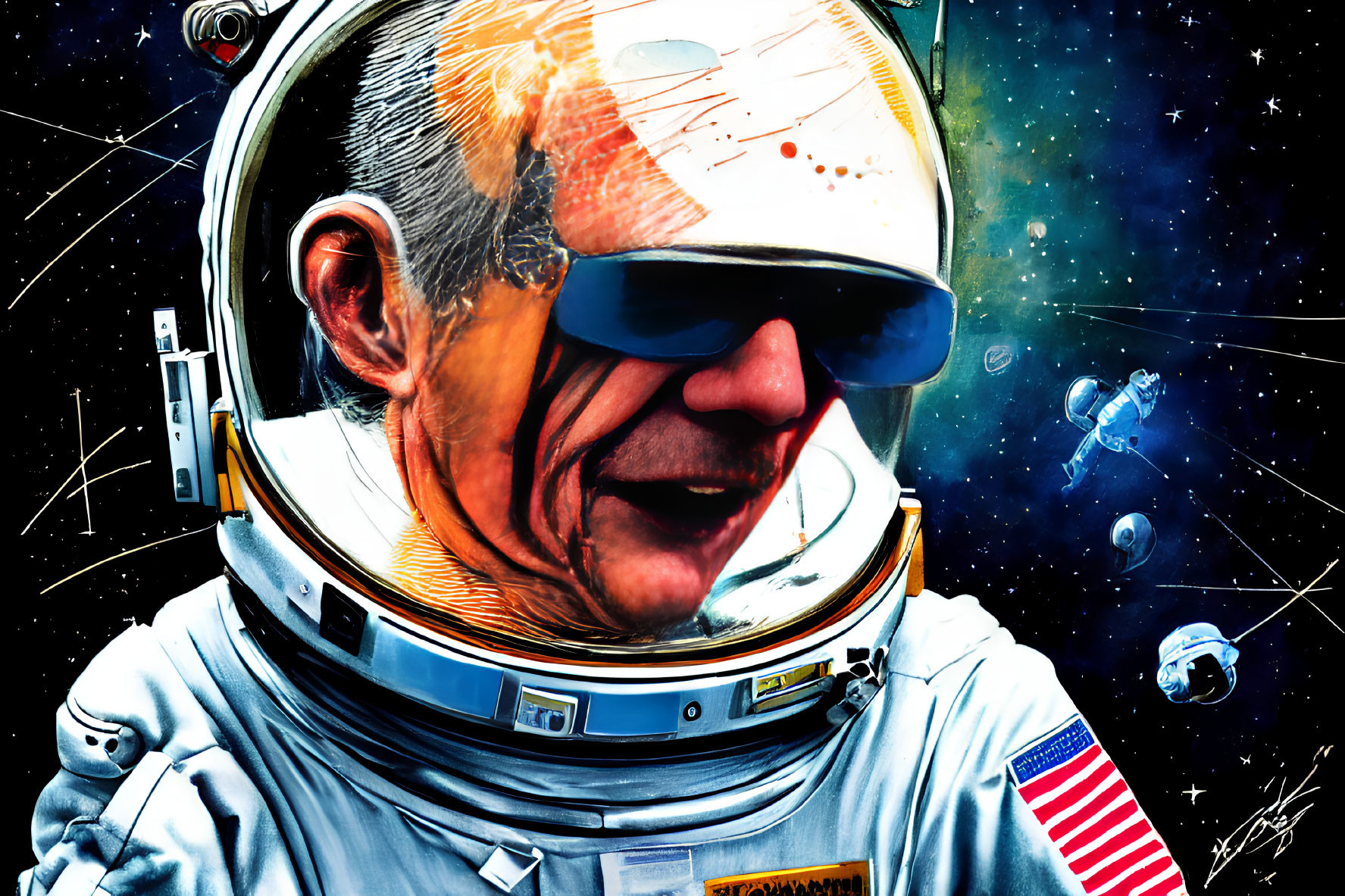 Vibrant astronaut illustration with space reflection and starry backdrop