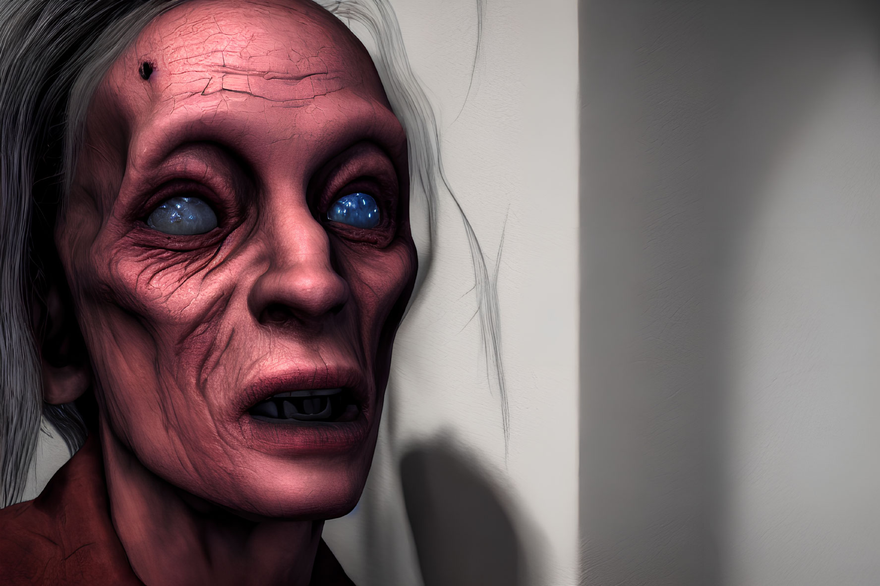 Detailed 3D-rendered portrait of elderly person with wrinkles and blue eyes