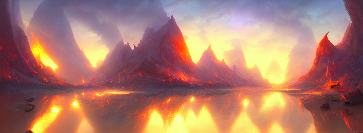 Panoramic fantasy landscape: glowing lava rivers, jagged mountain peaks, dramatic sunset sky