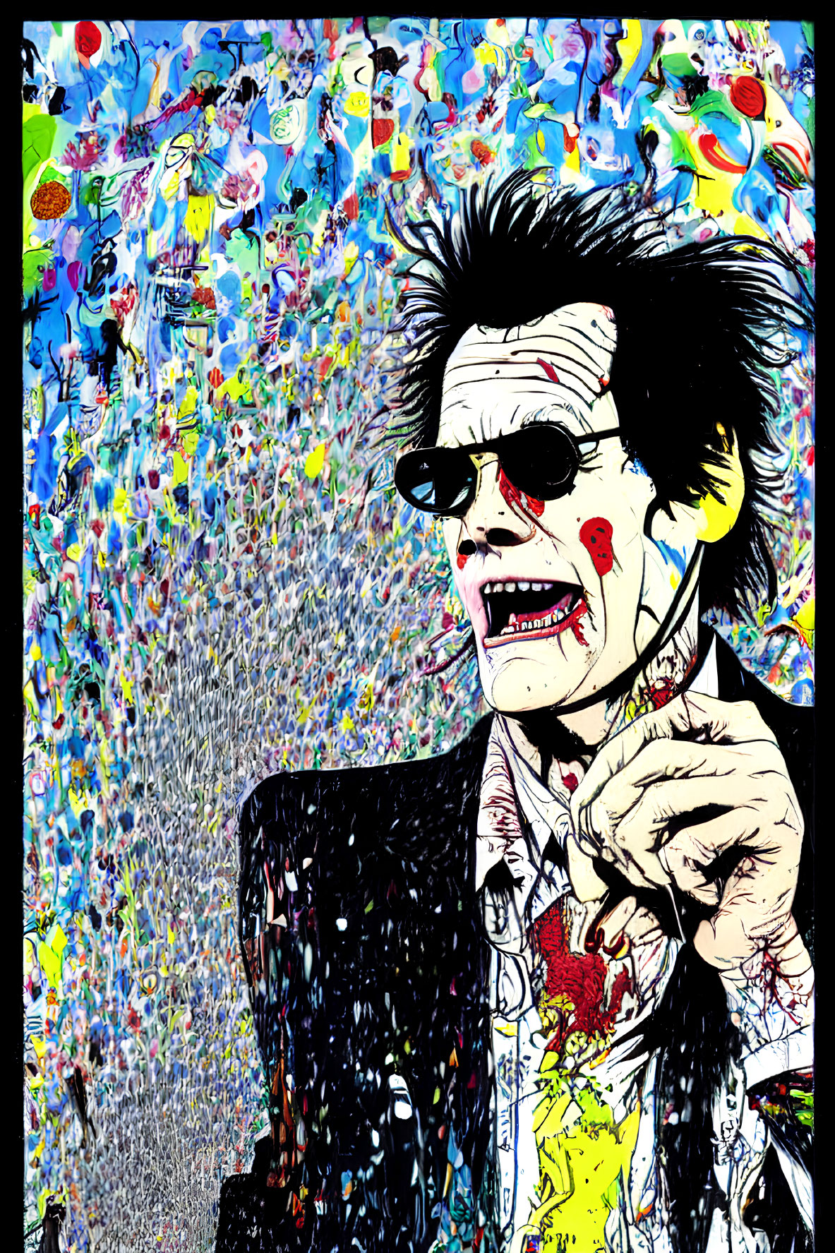 Colorful Psychedelic Man in Dark Clothing and Sunglasses Illustration