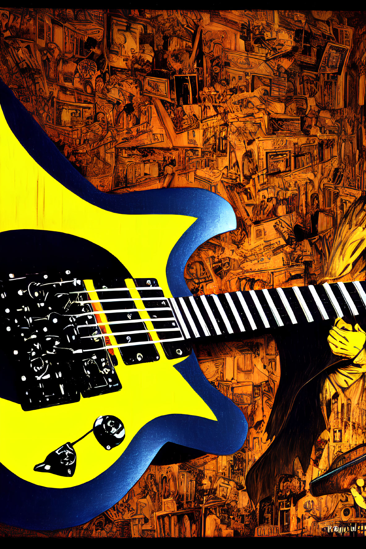 Colorful Abstract Illustration: Yellow & Blue Electric Guitar Amid Urban Chaos