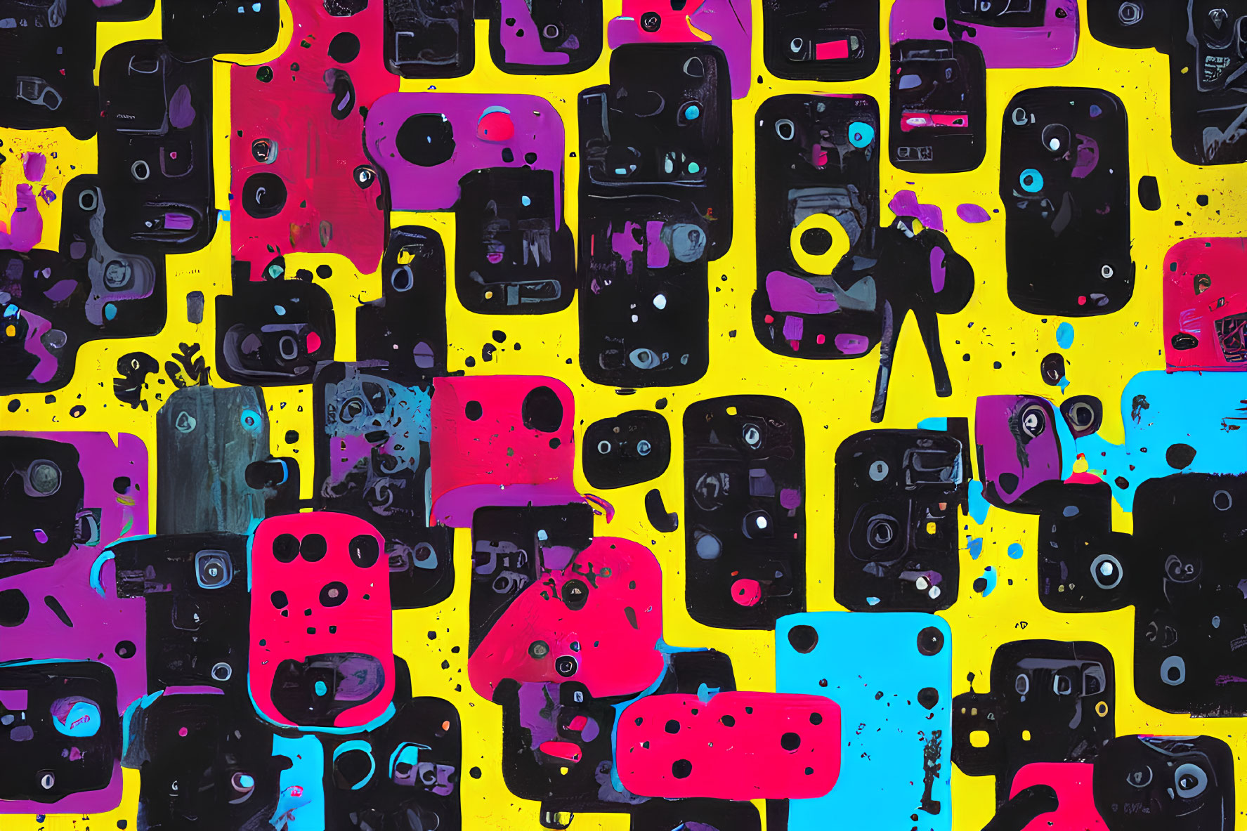 Colorful Abstract Painting with Black Face-like Shapes on Yellow and Pink Background